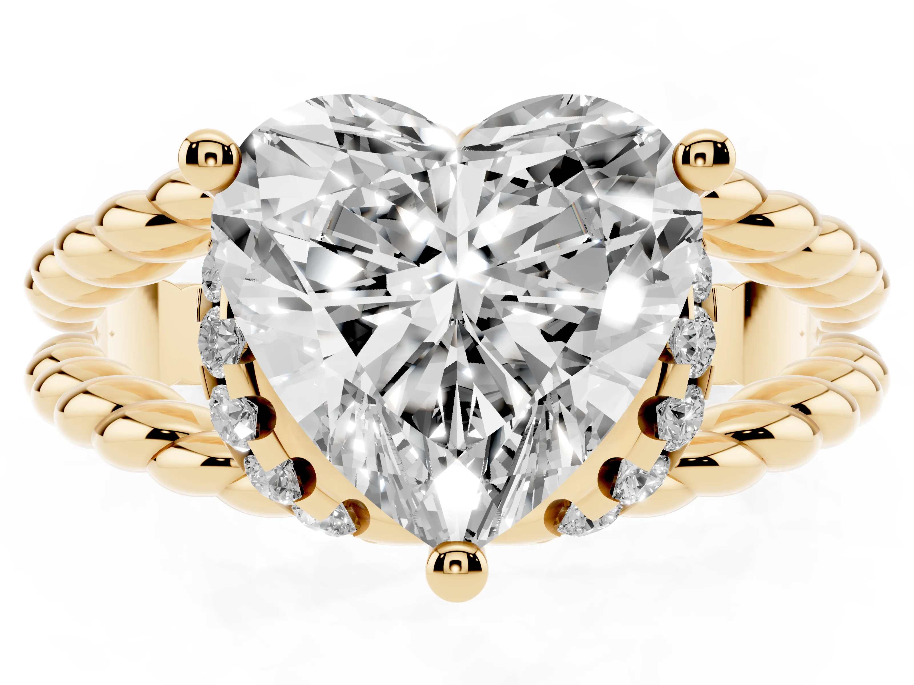 Heart Cut Diamond Halo Ring Set in Yellow gold with Twisted Band and Prong Setting
