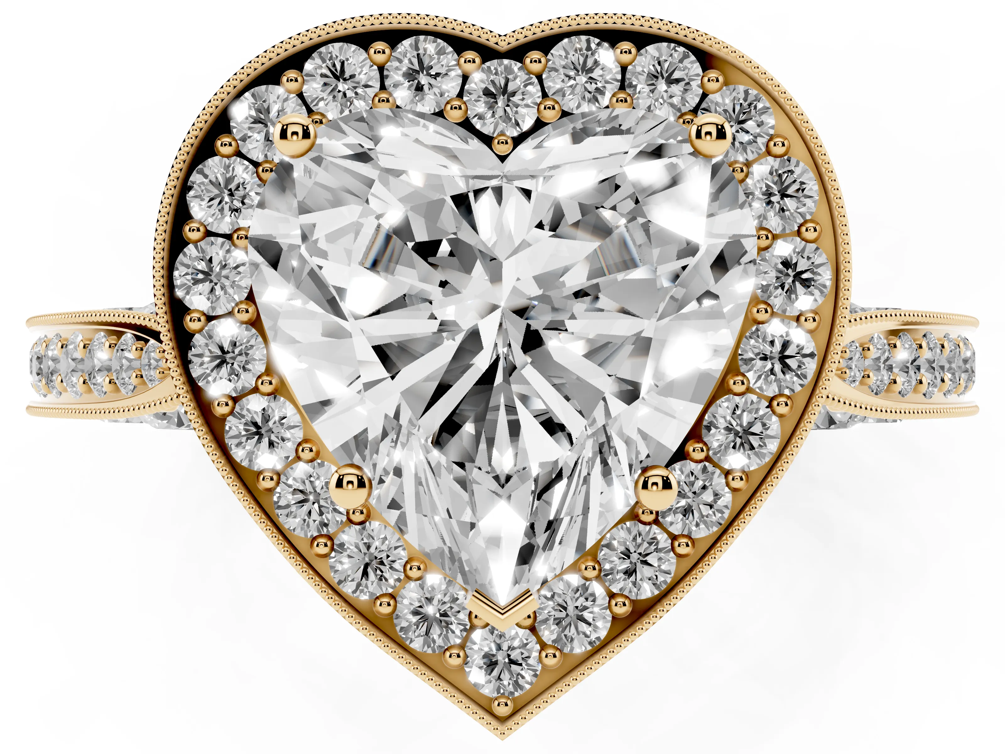 Heart Cut Diamond Halo Engagement Ring Set in Yellow gold with Accent Split Shank Band