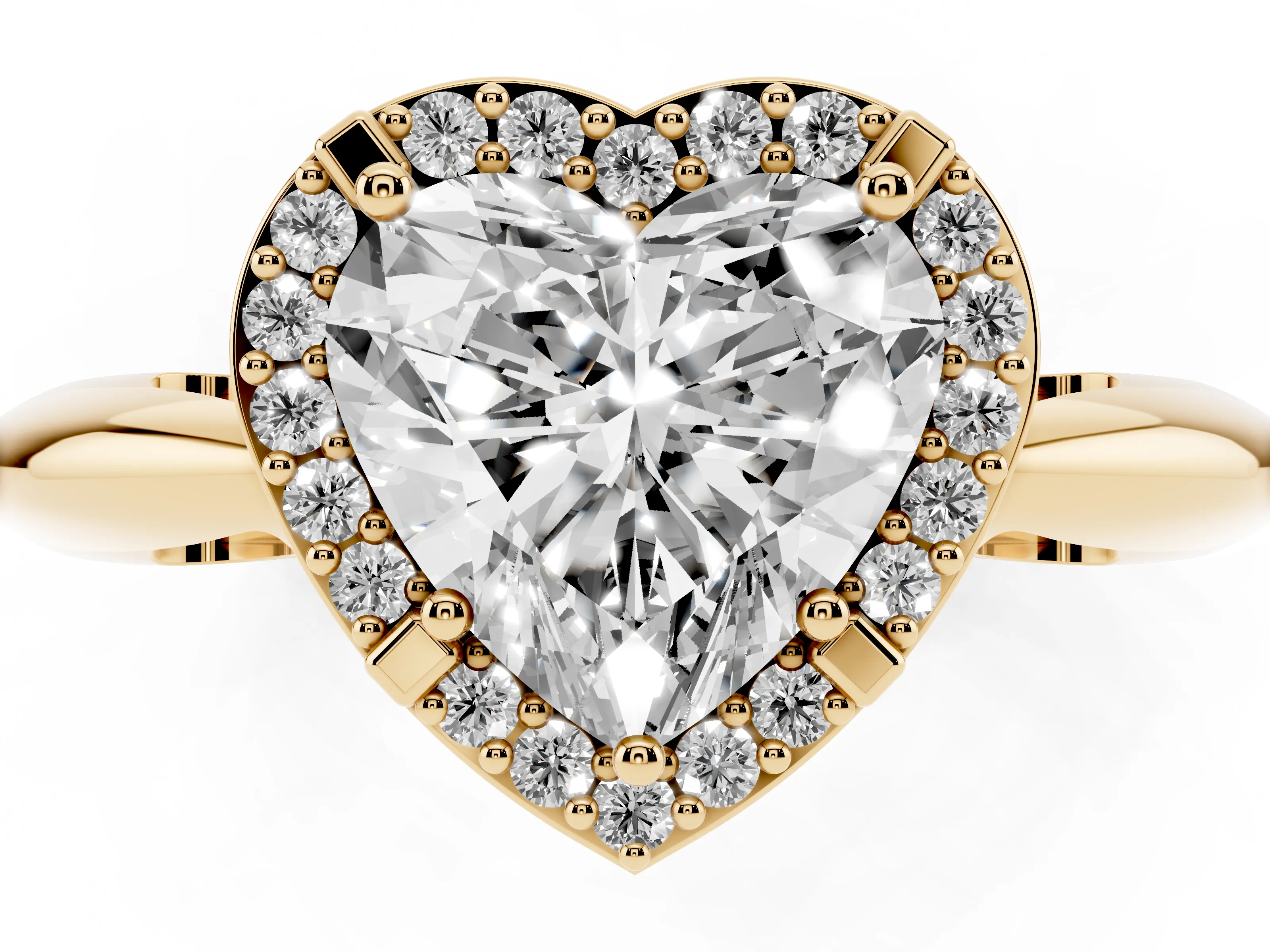 Heart Cut Diamond Halo Engagement Ring Set in Yellow gold with Plain Split Shank and Prong Setting