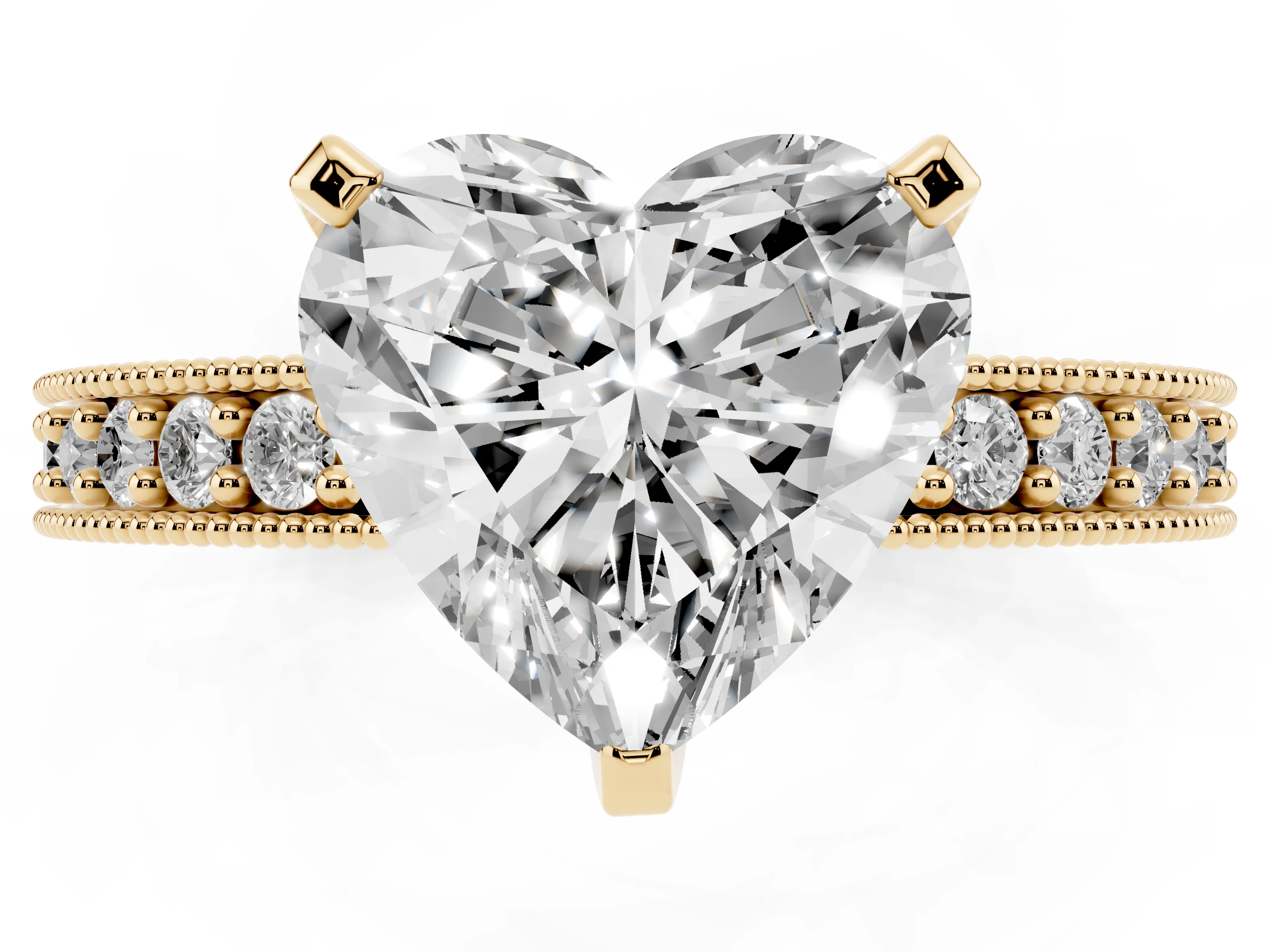Heart Cut Diamond Milgrain Pavé Engagement Ring Set in Yellow gold with Prong Setting