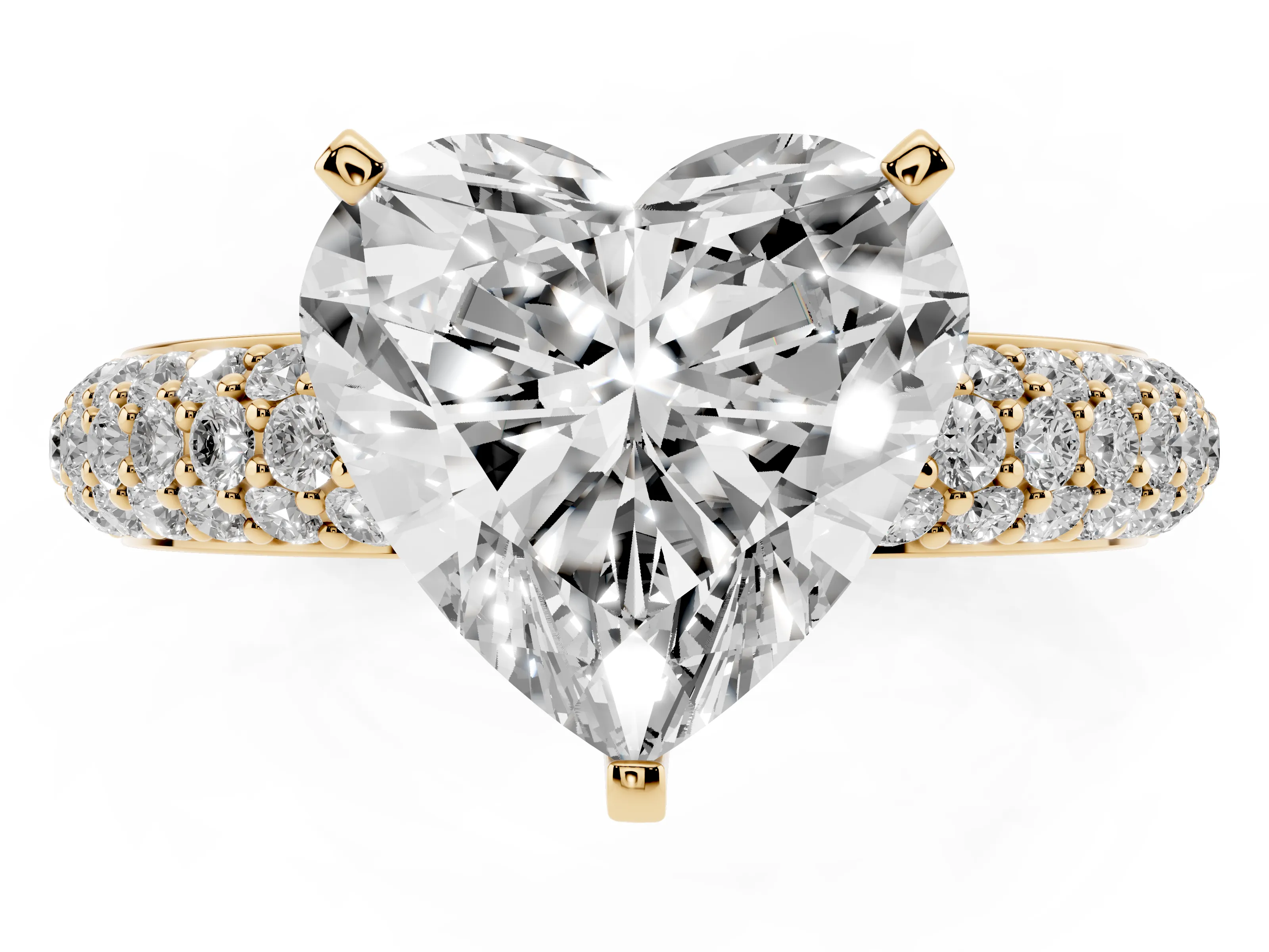 Heart Cut Diamond Solitaire Ring Set in Yellow gold with Prong Setting and Pavé-Set Band