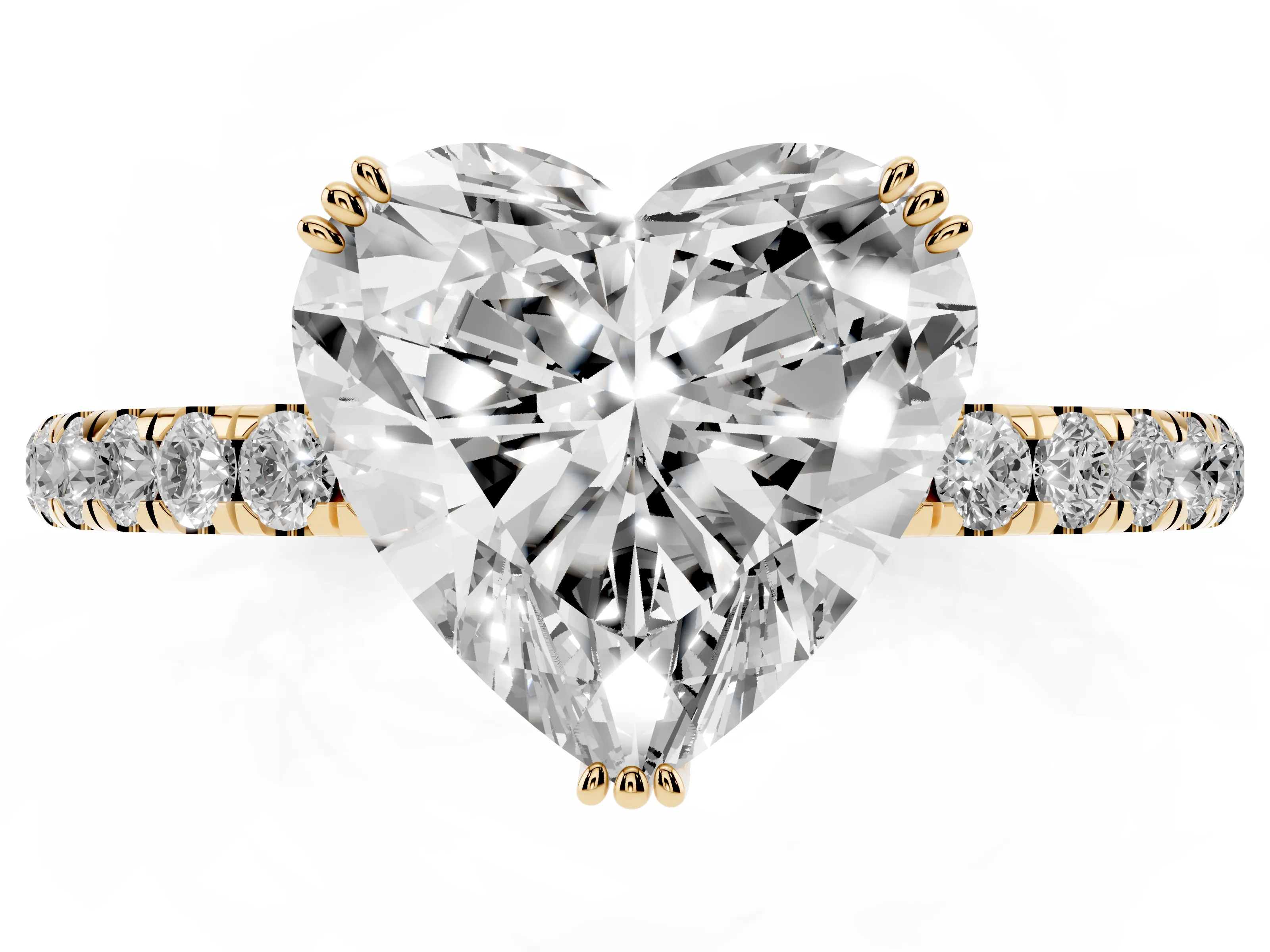 Heart Cut Diamond Brilliant Solitaire Set in Yellow gold with Pavé Band and Claw Prong Setting