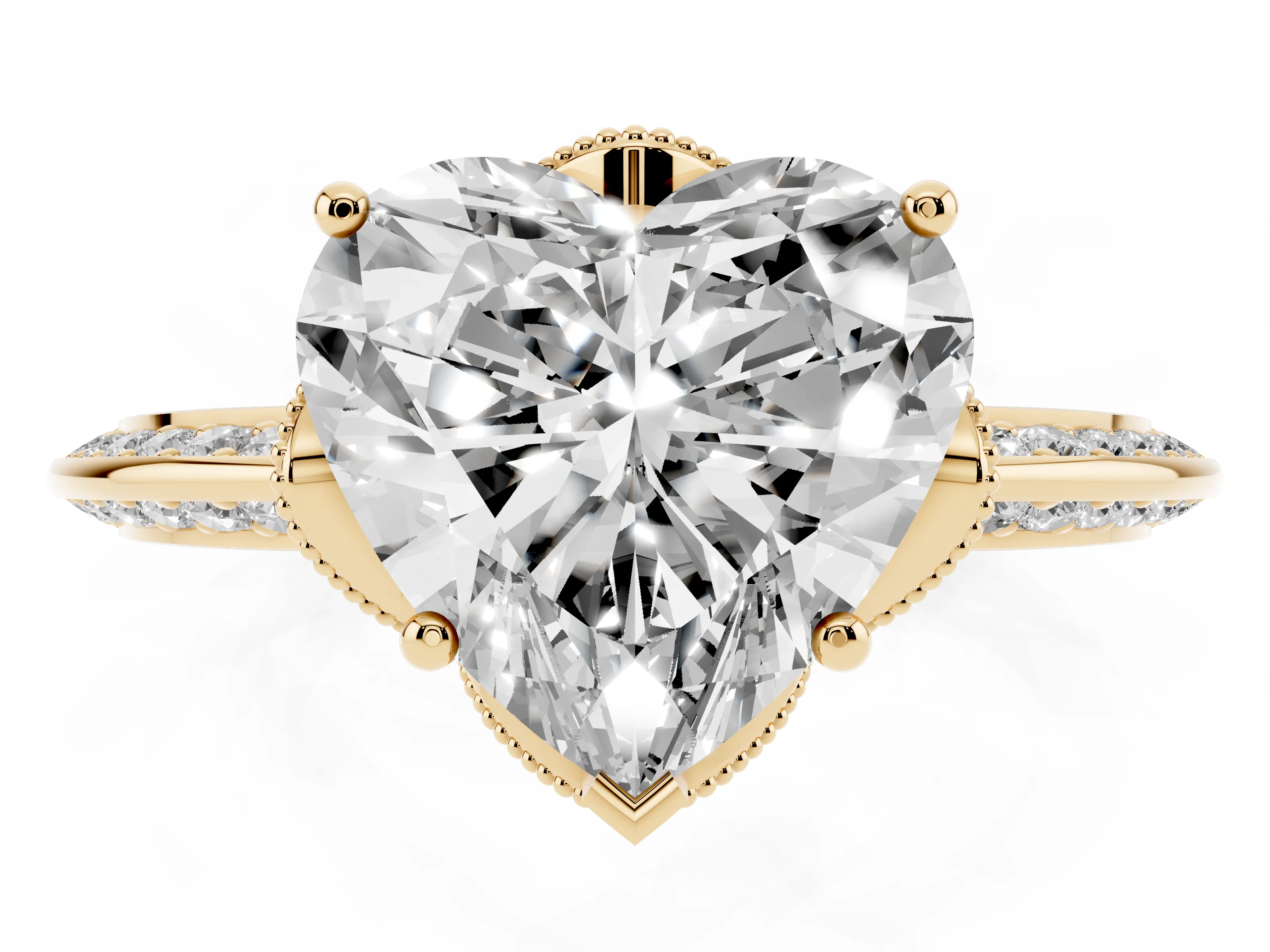Heart Cut Diamond Solitaire Engagement Ring Set in Yellow gold with Pavé Split Shank and Prong Setting