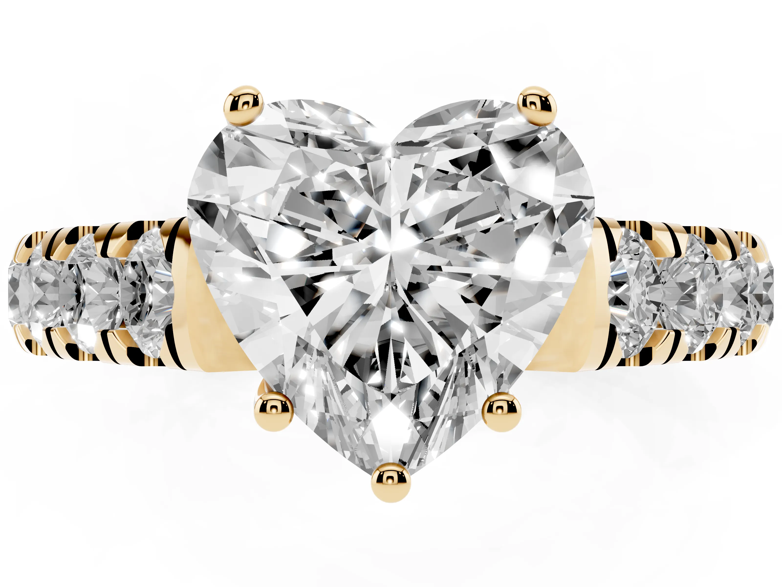 Heart Cut Diamond Solitaire Ring Set in Yellow gold with Cut-Down Micro Pavé Band and Prong Setting