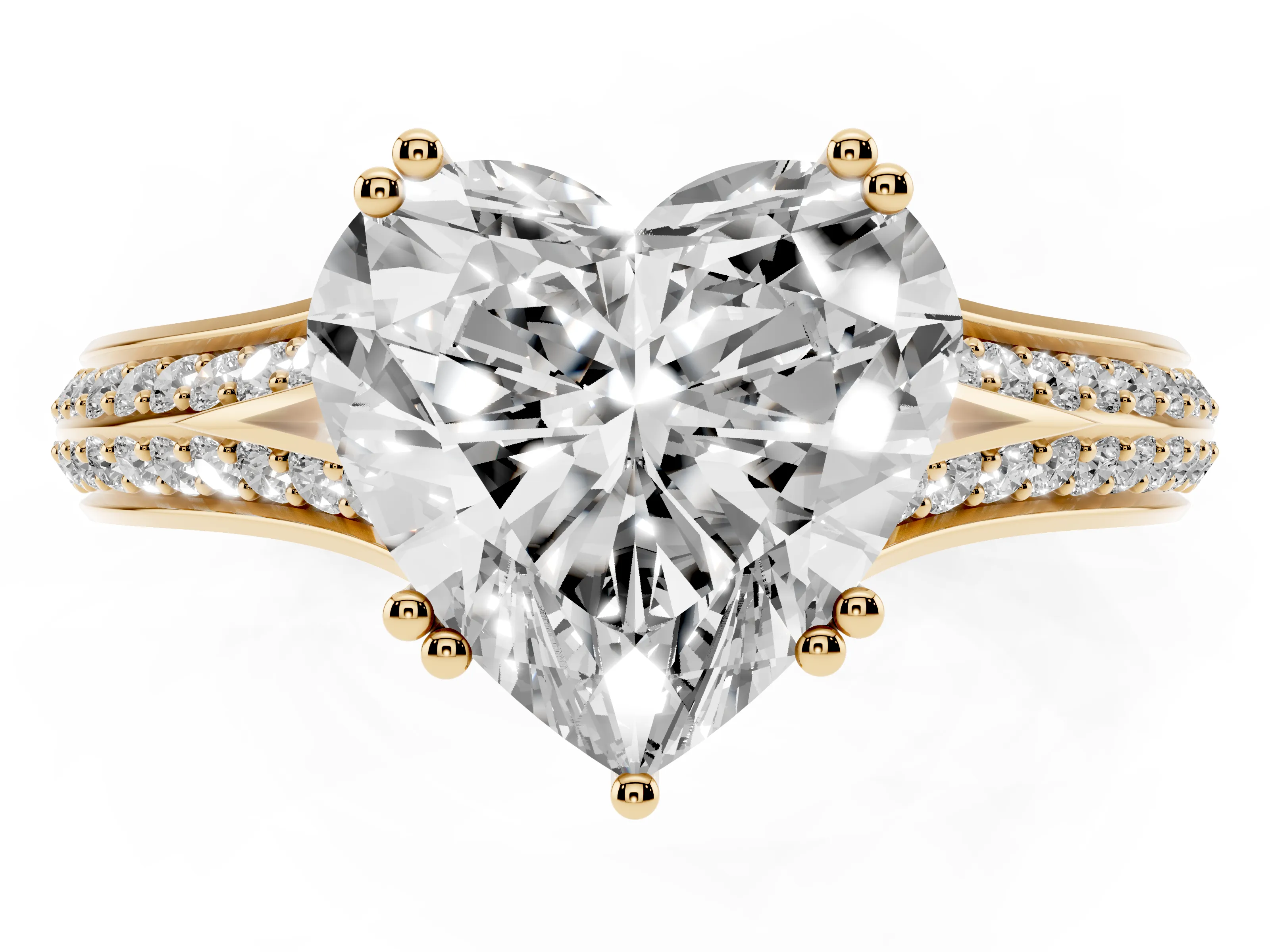 Heart Cut Diamond Split Shank Pavé Engagement Ring Set in Yellow gold with Prong-Set Center Stone