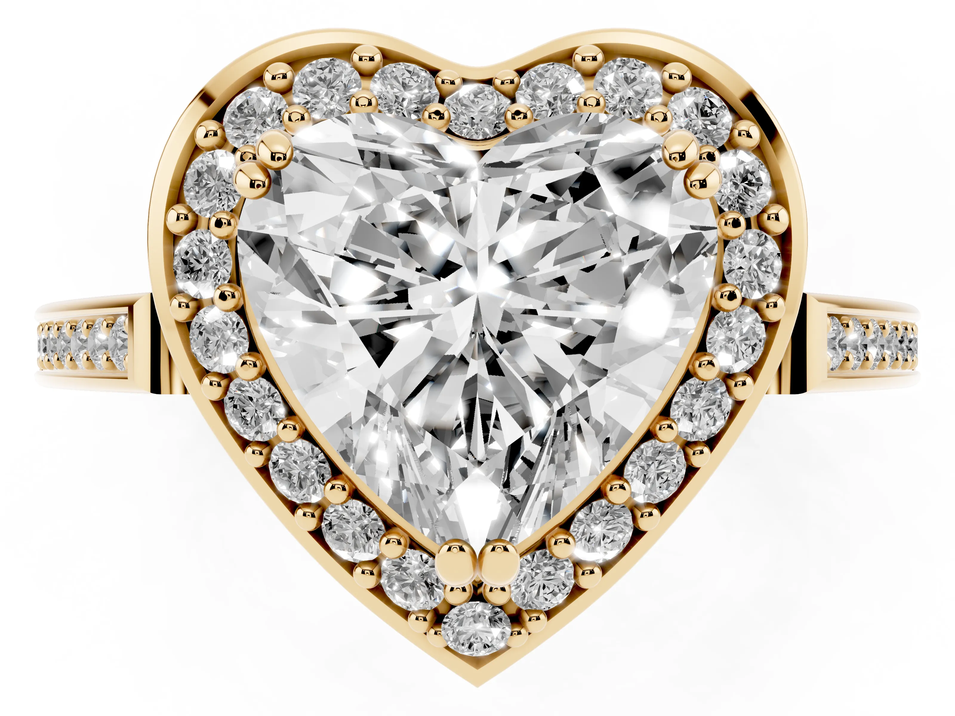 Heart Cut Diamond Halo Ring Set in Yellow gold with Accent-Lined Split Shank and Prong Setting
