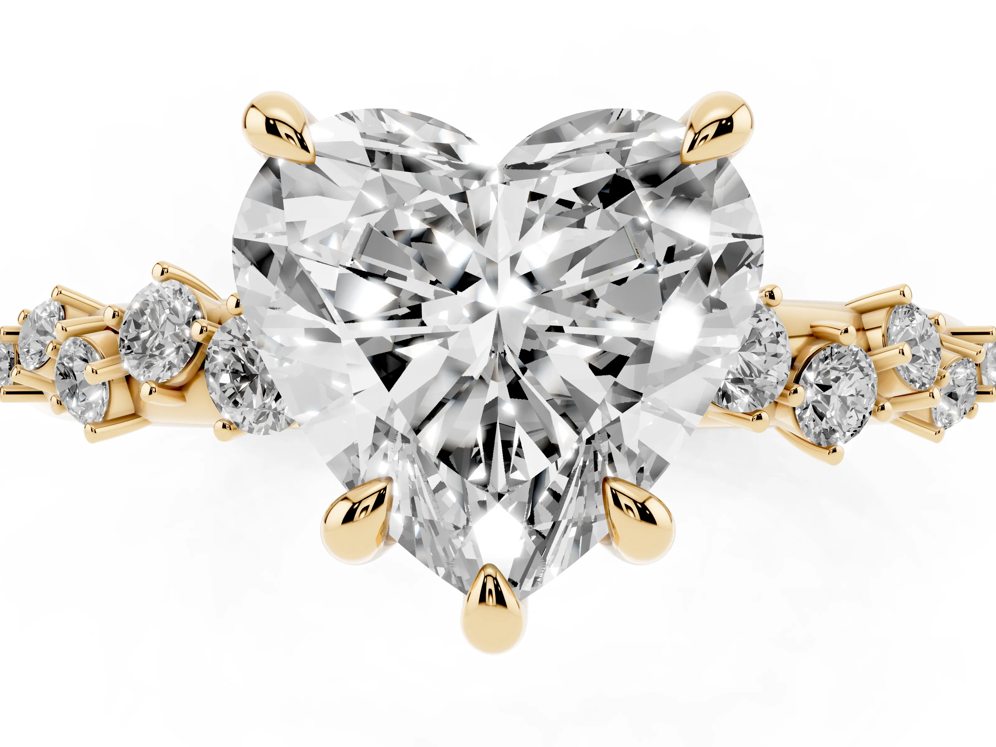 Heart Cut Diamond Solitaire Vine Band Ring Set in Yellow gold with Round Accents and Prong Setting