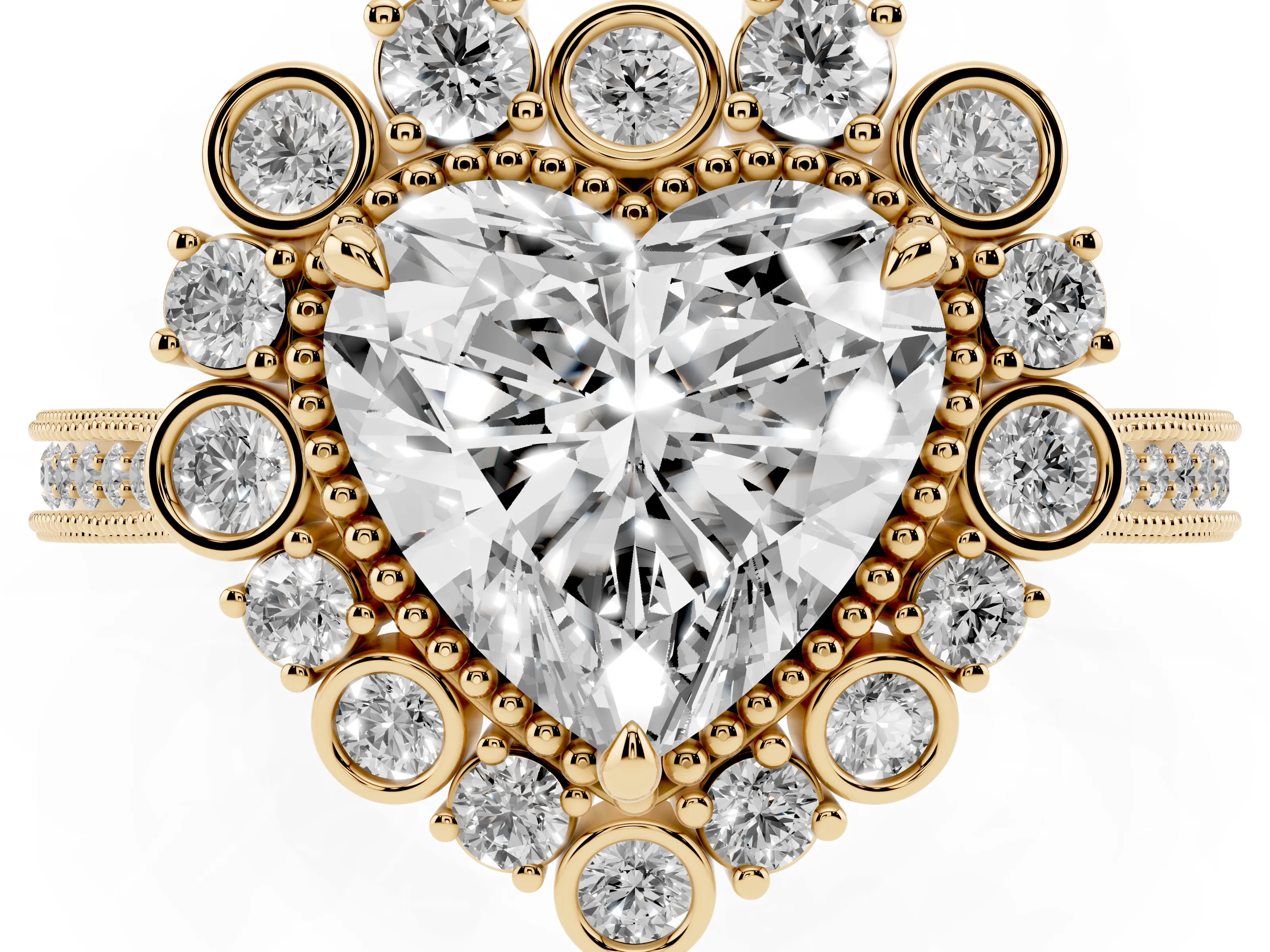 Heart Cut Diamond Halo Milgrain Pavé Ring Set in Yellow gold with Prong Setting