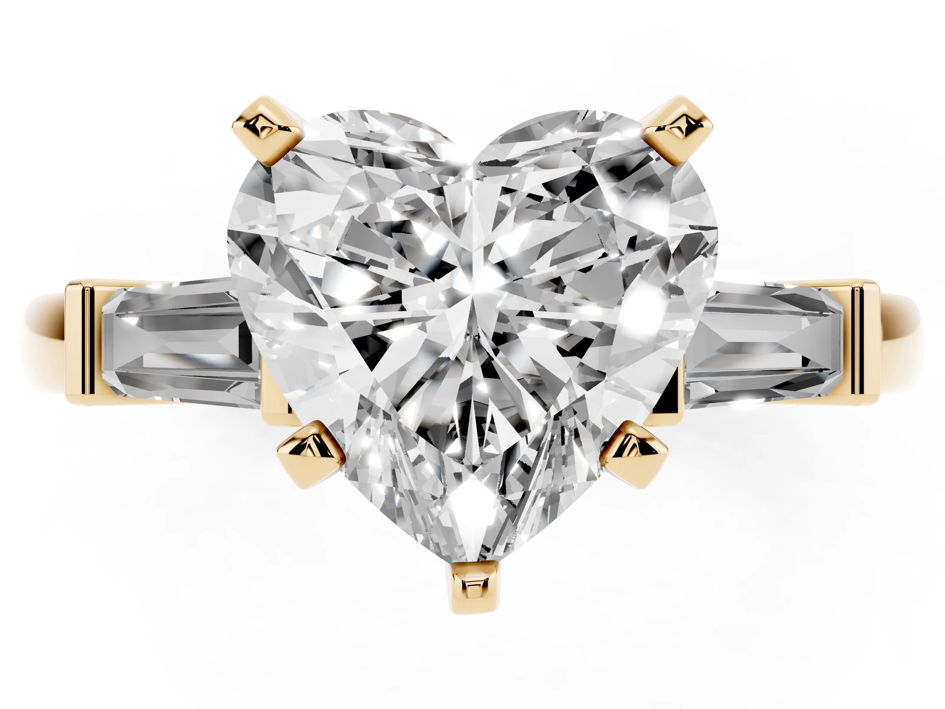 Heart Cut Diamond Solitaire Ring Set in Yellow gold with Tapered Baguette Accents and Prong Setting