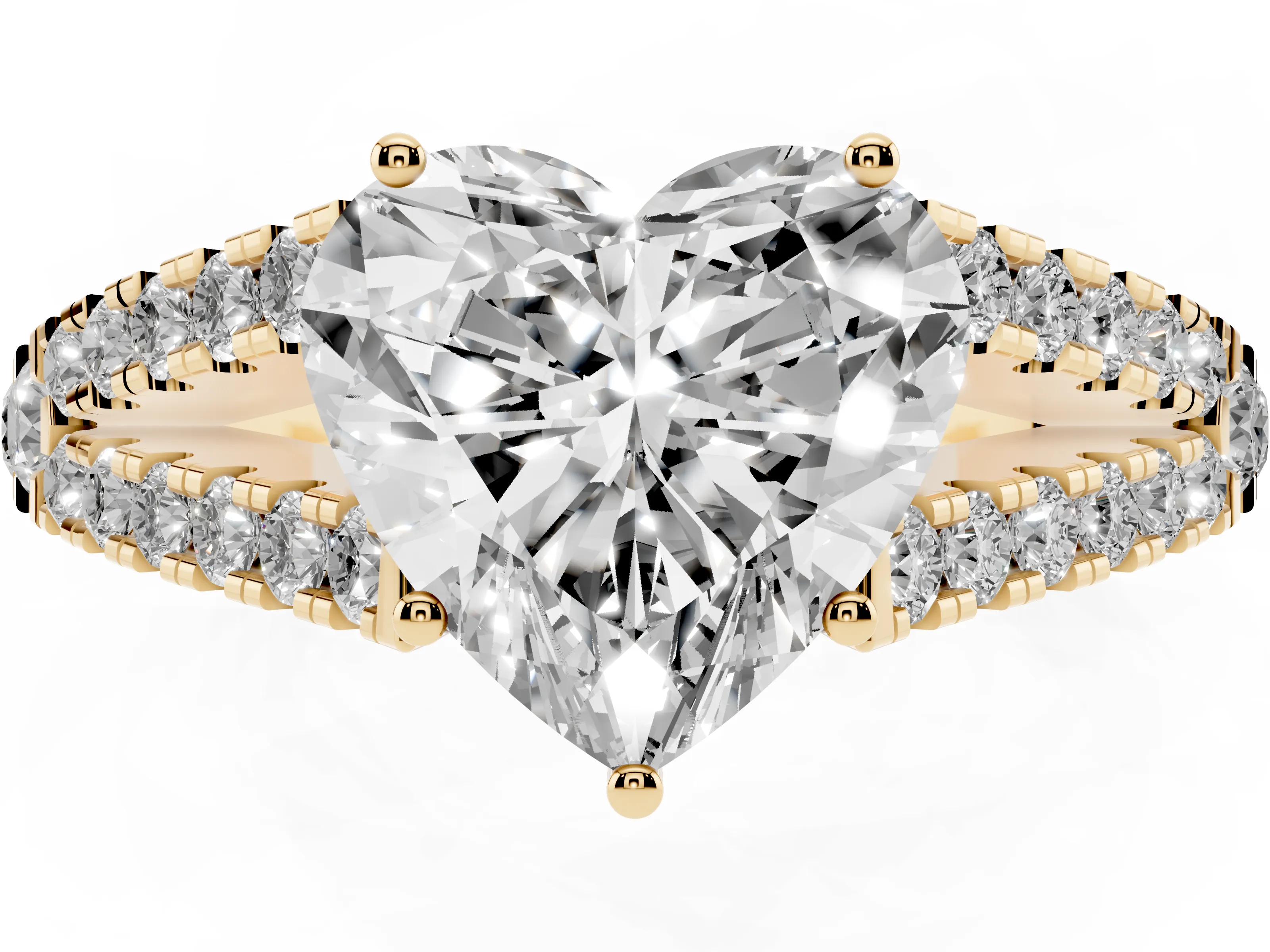Heart Cut Diamond Split Shank Pavé Engagement Ring Set in Yellow gold with Prong-Held Center Stone