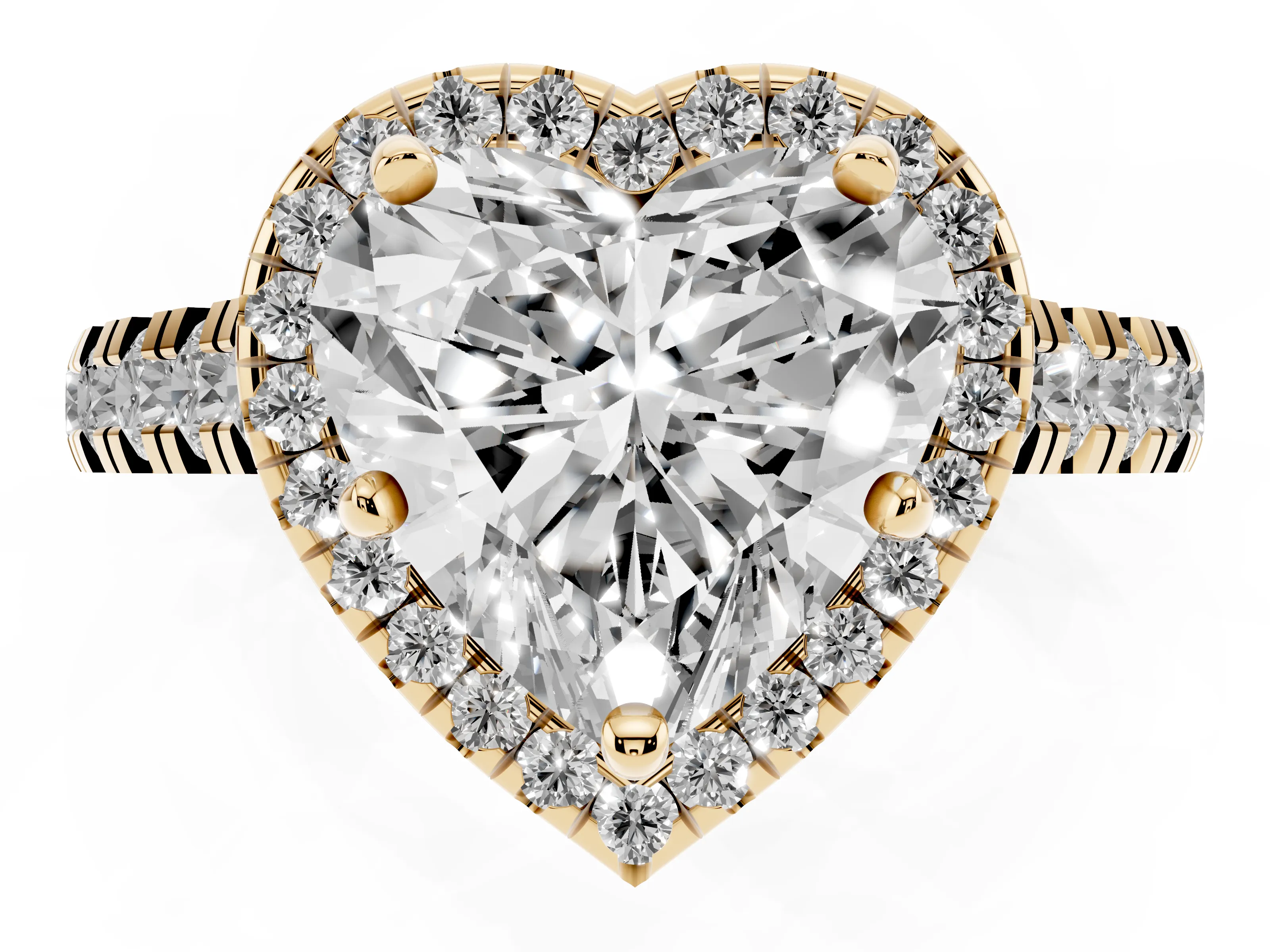 Heart Cut Diamond Halo Engagement Ring Set in Yellow gold with Pavé Band and Prong-Set Center