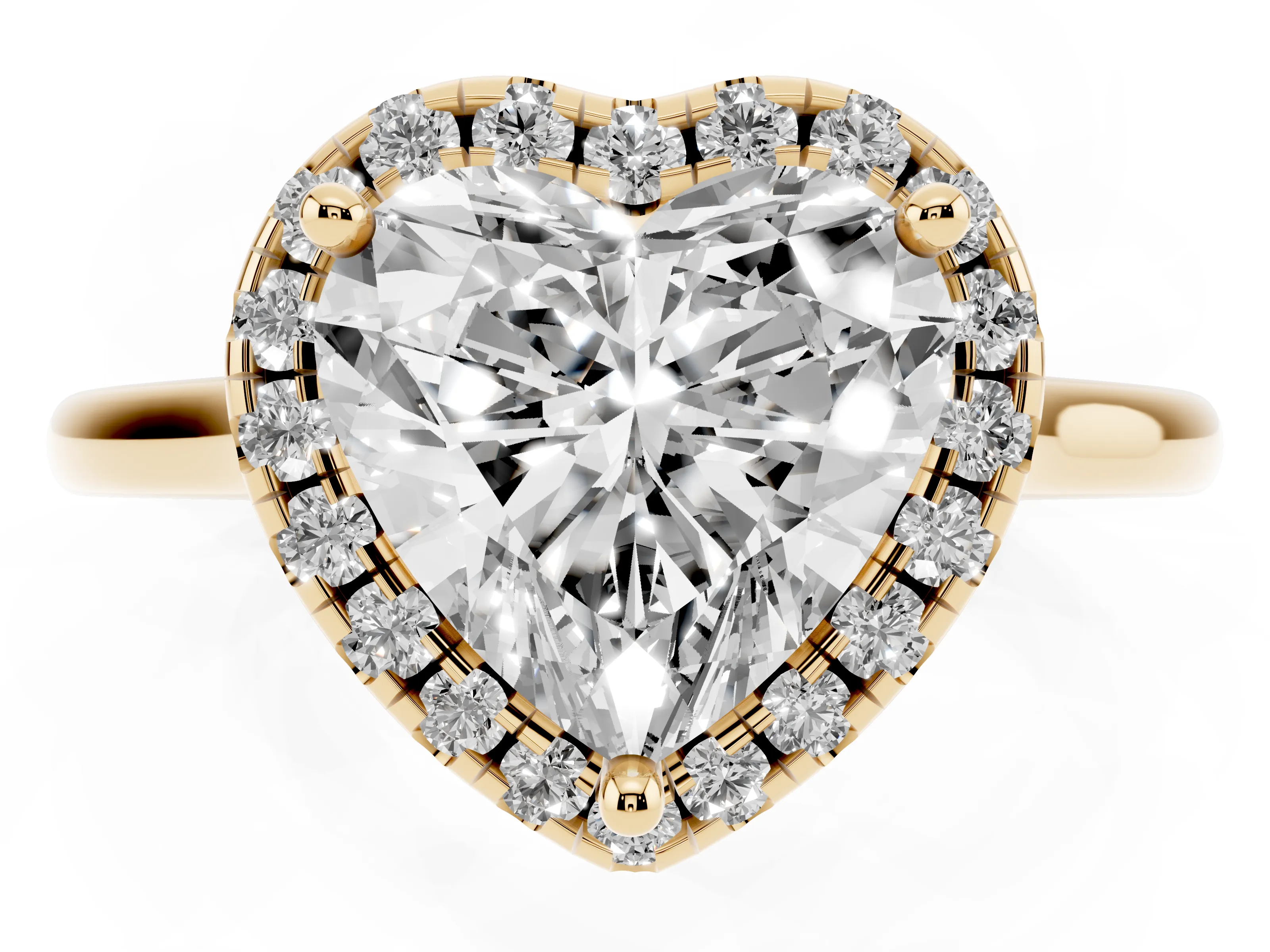 Heart Cut Diamond Halo Engagement Ring Set in Yellow gold with Pavé Band and Rising Shoulders