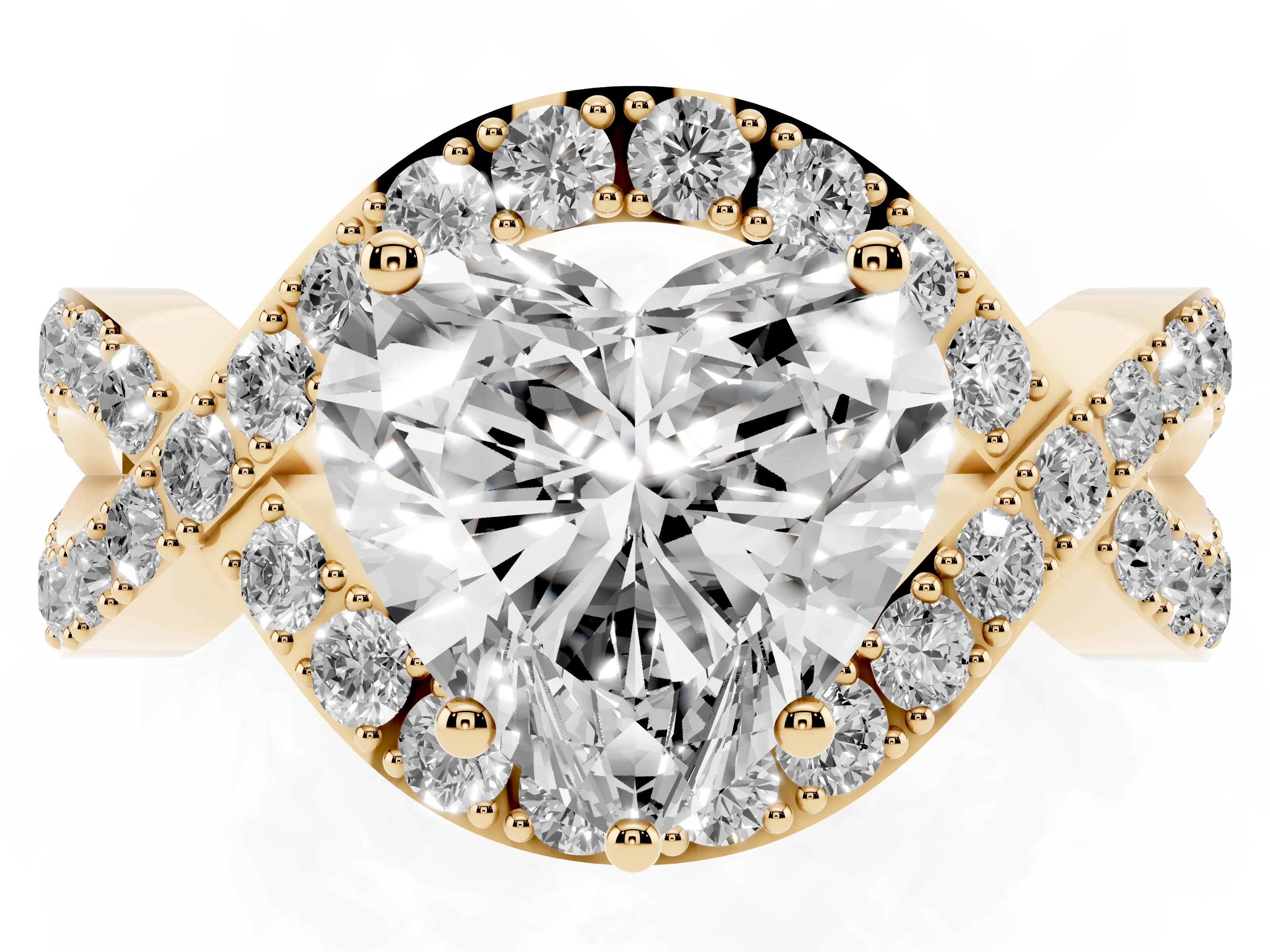 Heart Cut Diamond Solitaire Twist Band Pavé Engagement Ring Set in Yellow gold