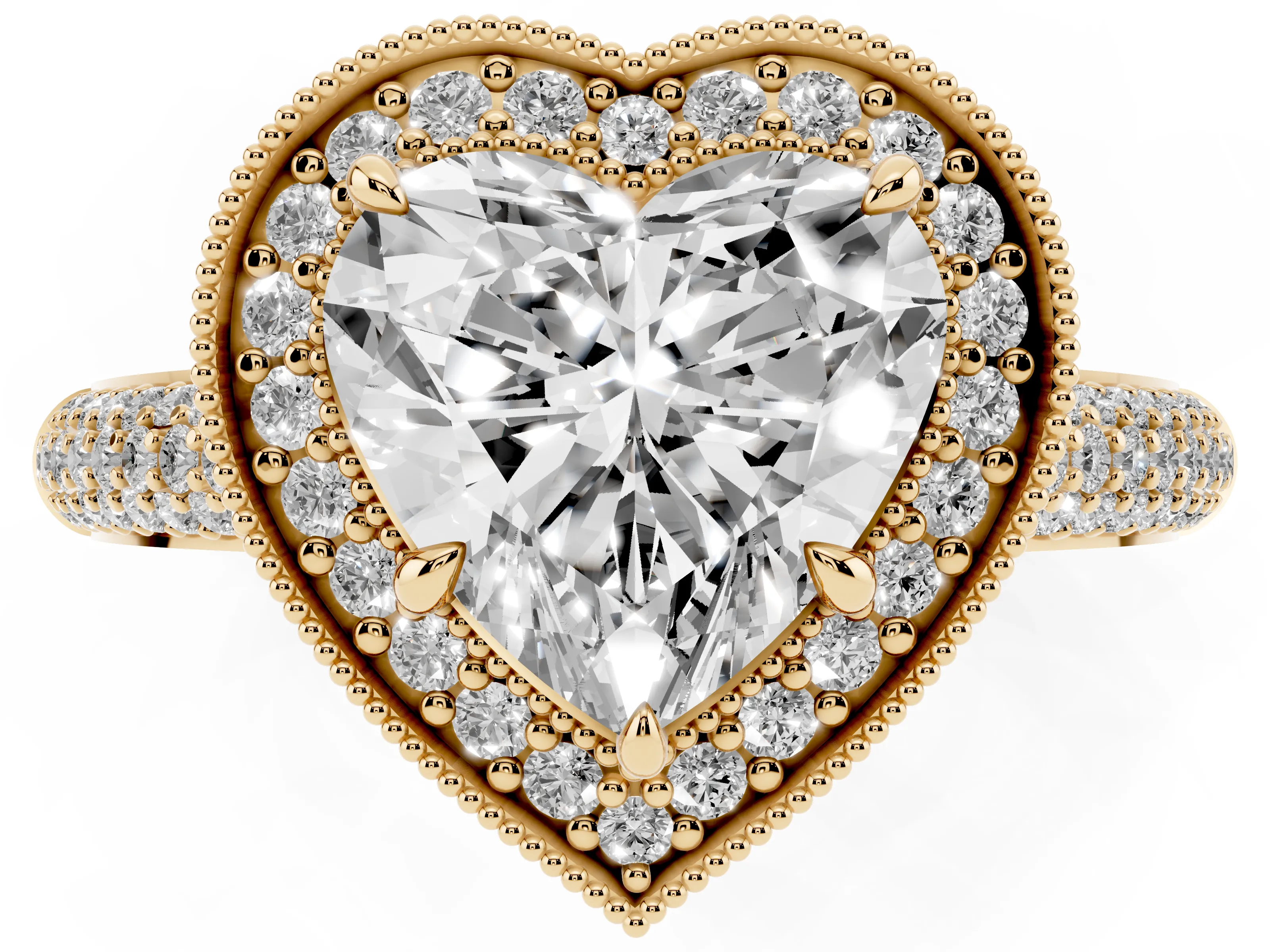 Heart Cut Diamond Halo Pavé Band Set in Yellow gold with Prong Setting