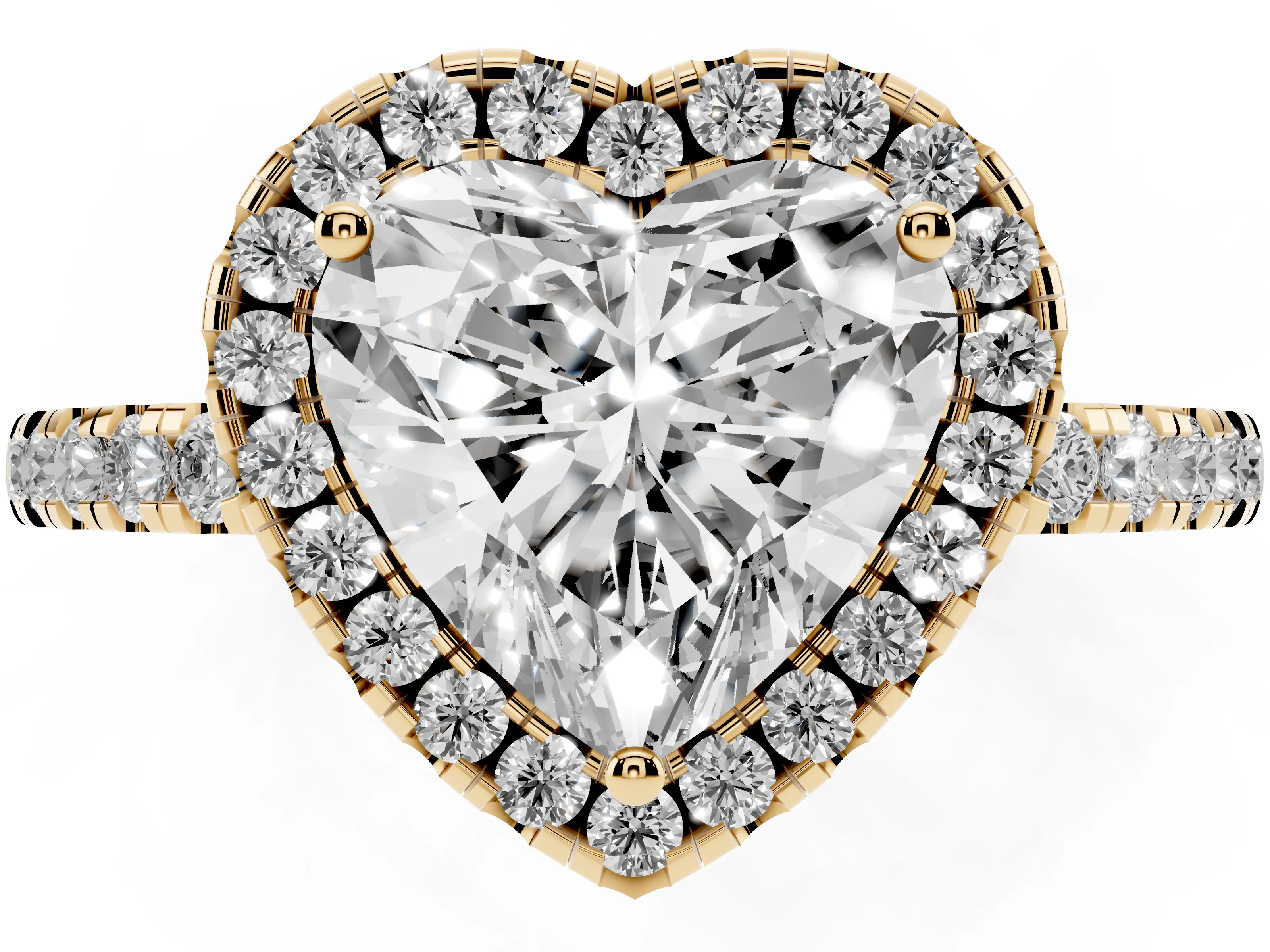 Heart Cut Diamond Pavé Band Halo Engagement Ring Set in Yellow gold with Prong Setting