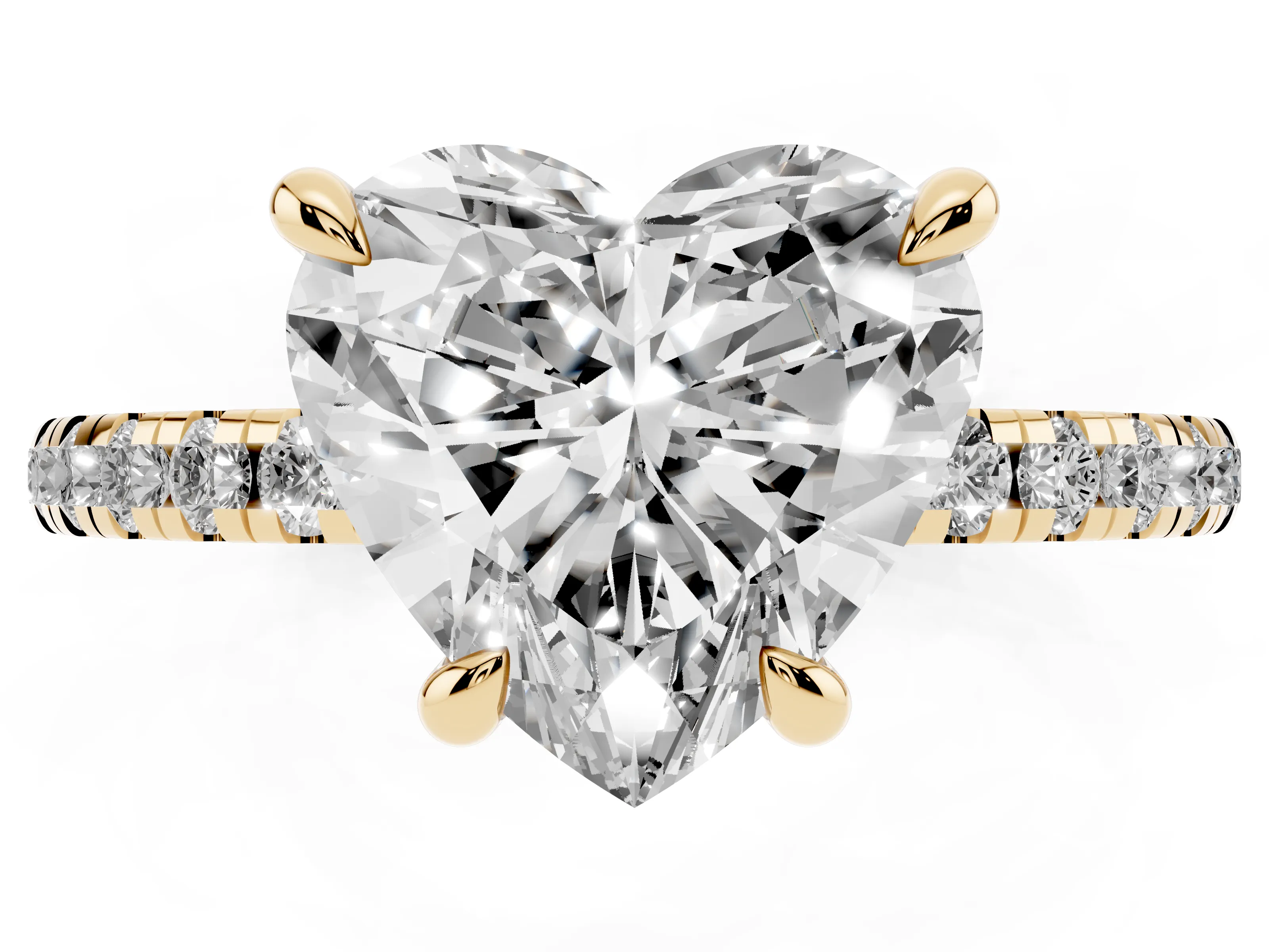 Heart Cut Diamond Brilliant Solitaire Ring Set in Yellow gold with Pavé Band and Prong Setting