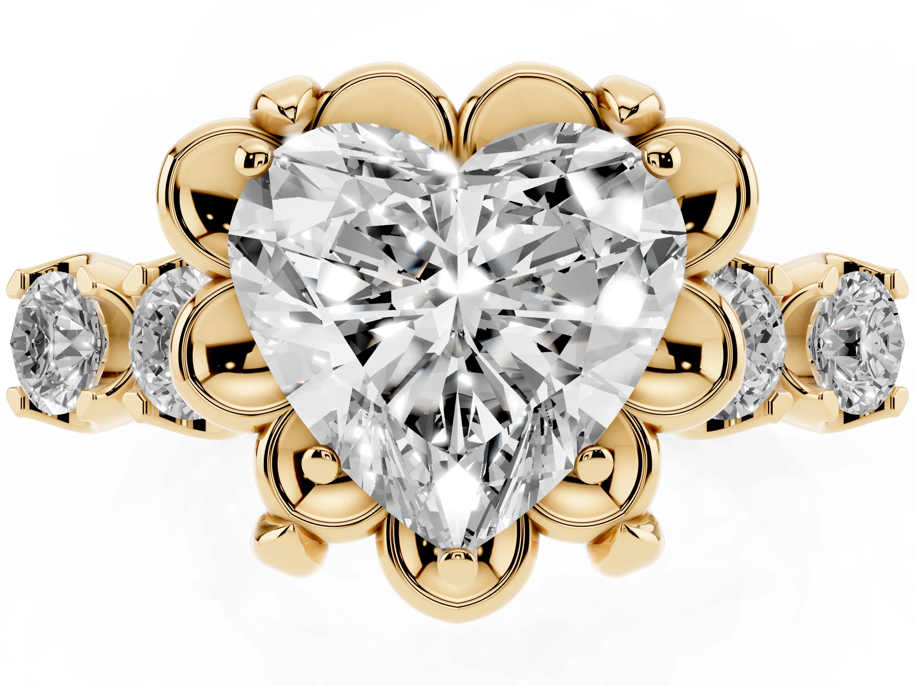 Heart Cut Diamond Floral Halo Ring Set in Yellow gold with Shared Prong Band