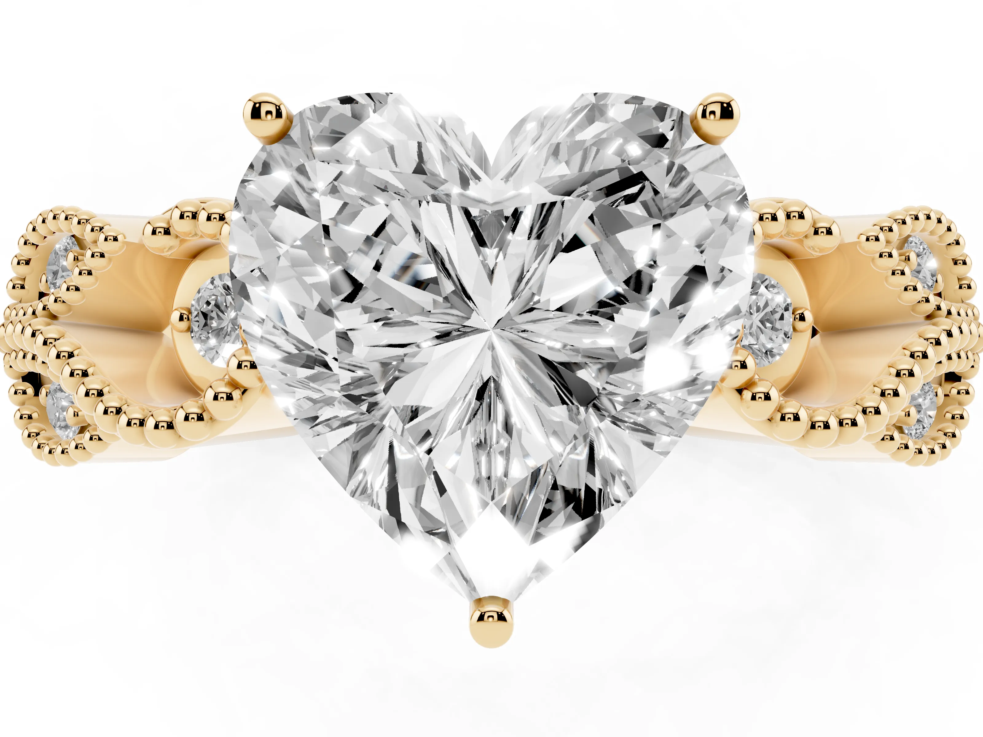 Heart Cut Diamond Milgrain Leaf Band Solitaire Ring Set in Yellow gold with Accent Stones and Prong Setting