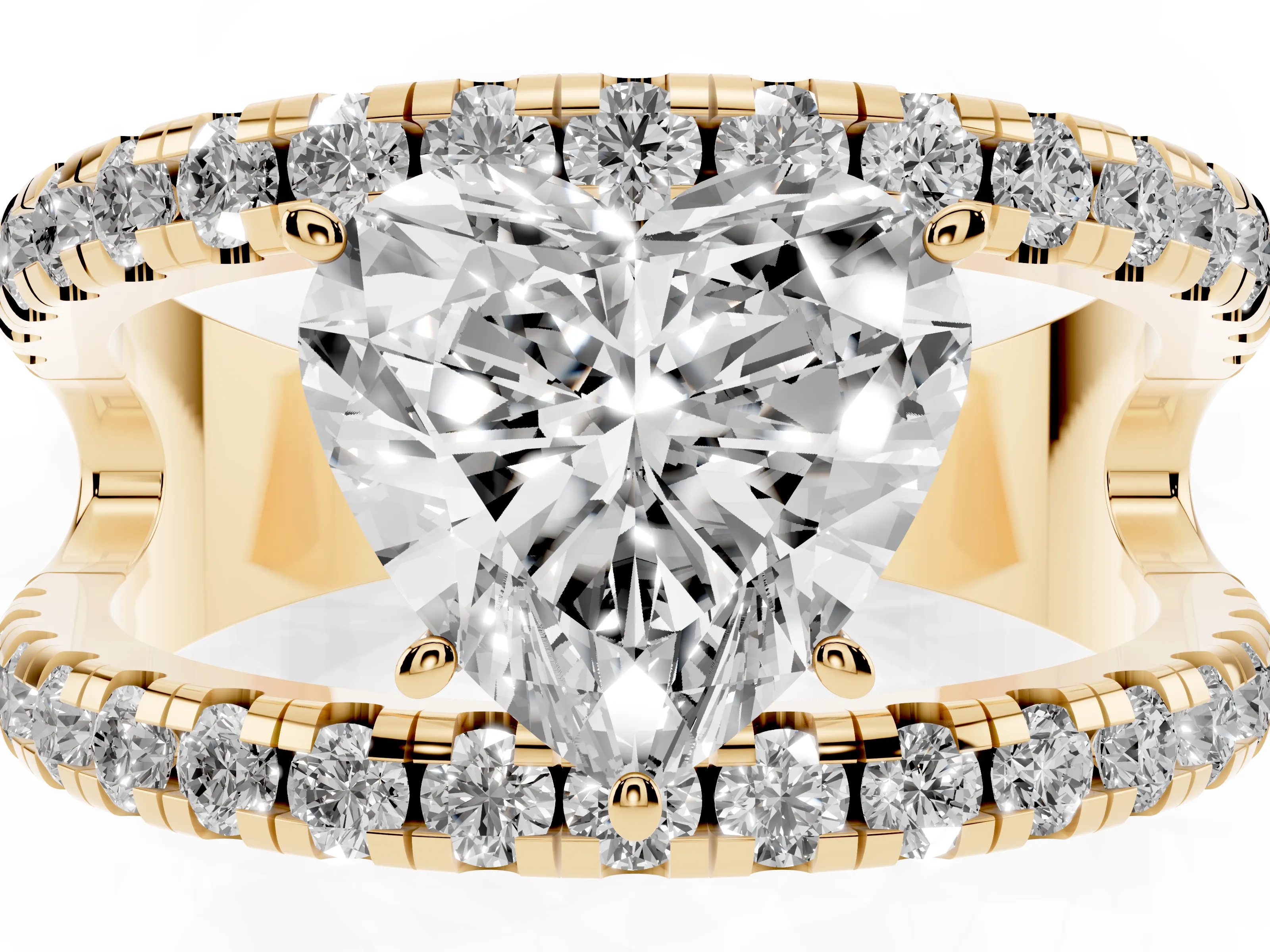 Heart Cut Diamond Split Shank Pavé Solitaire Ring Set in Yellow gold with Open Shank Design