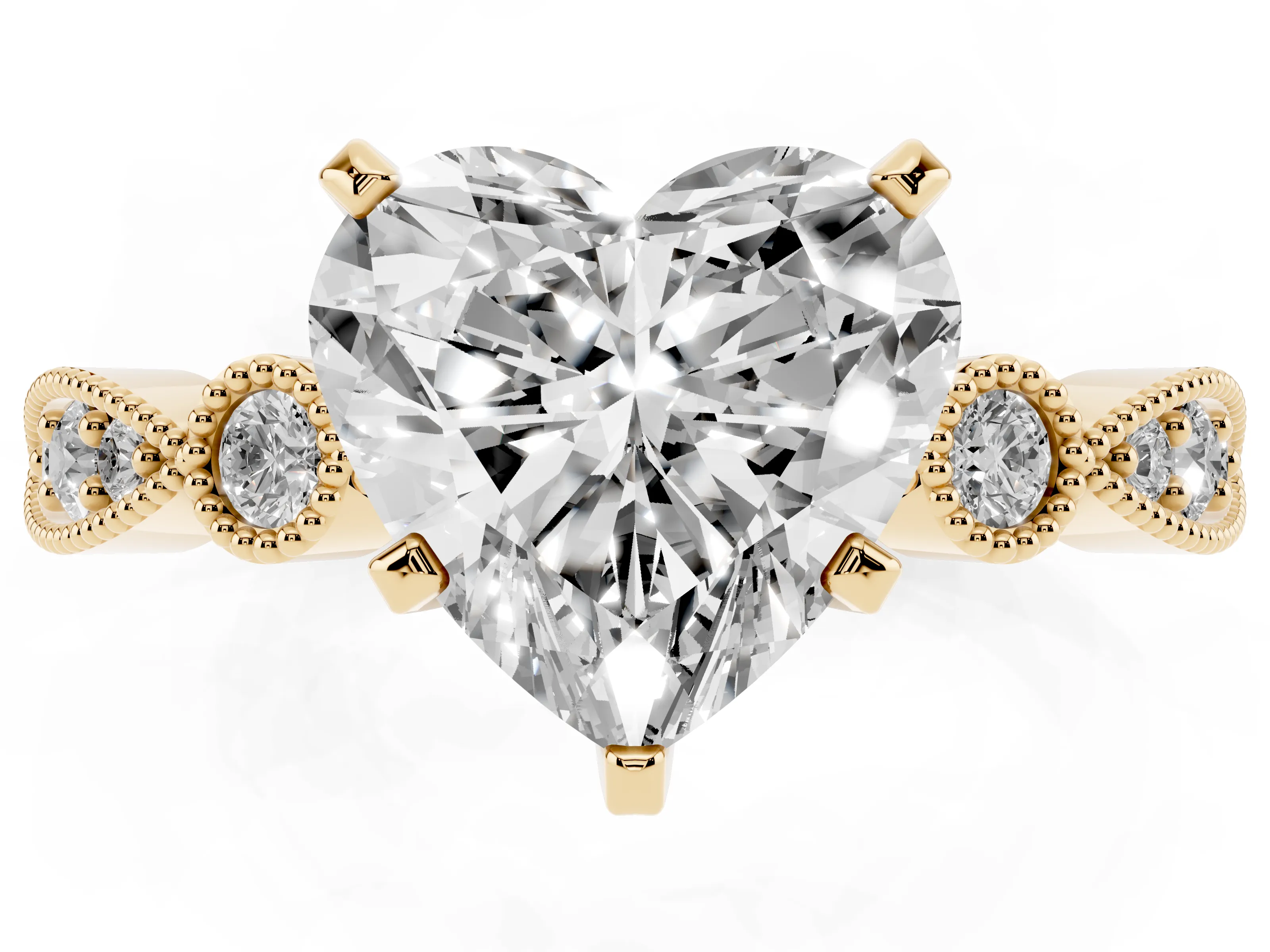 Heart Cut Diamond Solitaire Engagement Ring Set in Yellow gold with Milgrain Bezel Accent Band