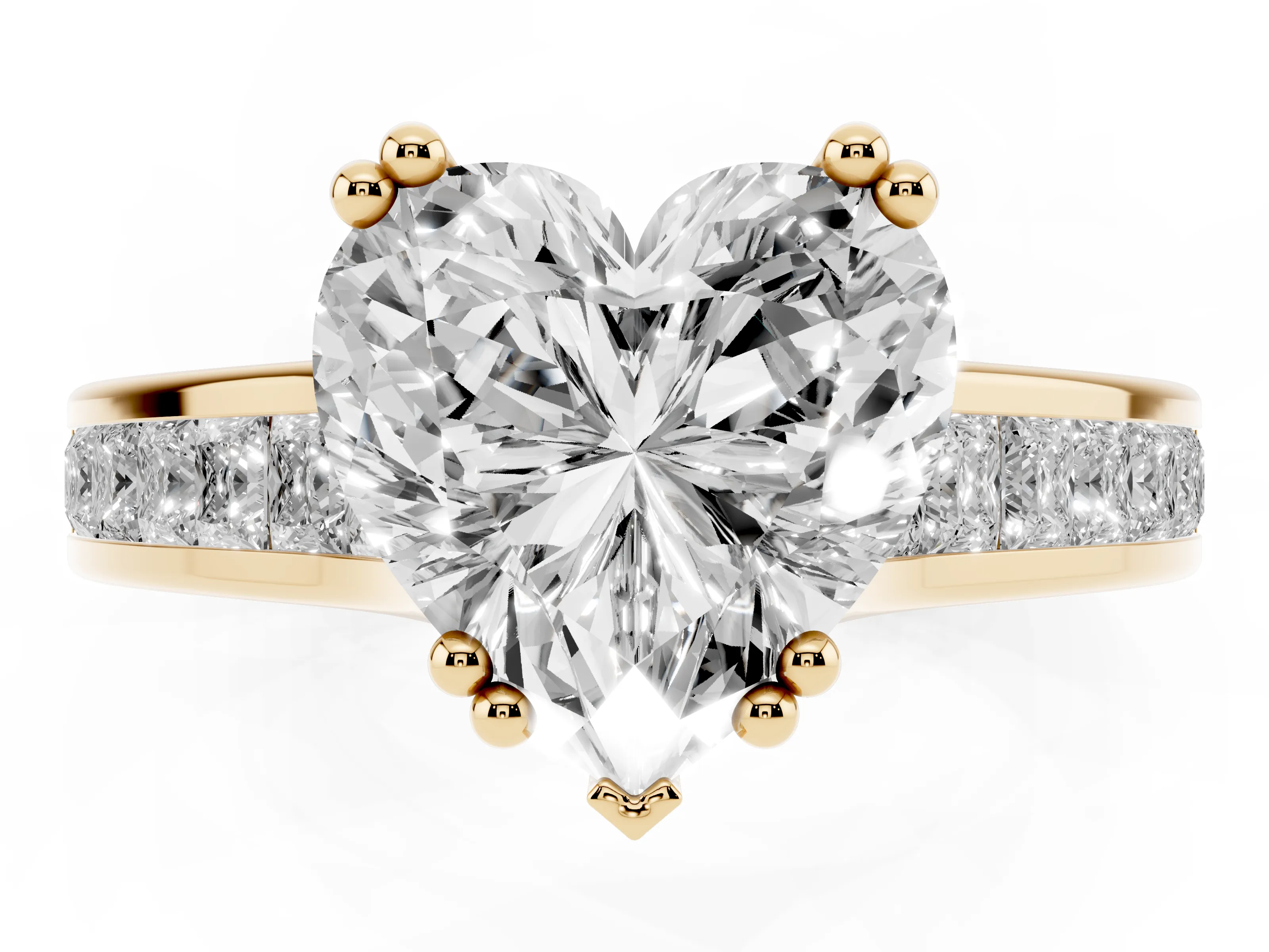 Heart Cut Diamond Channel Set Solitaire Engagement Ring Set in Yellow gold with Prong Setting