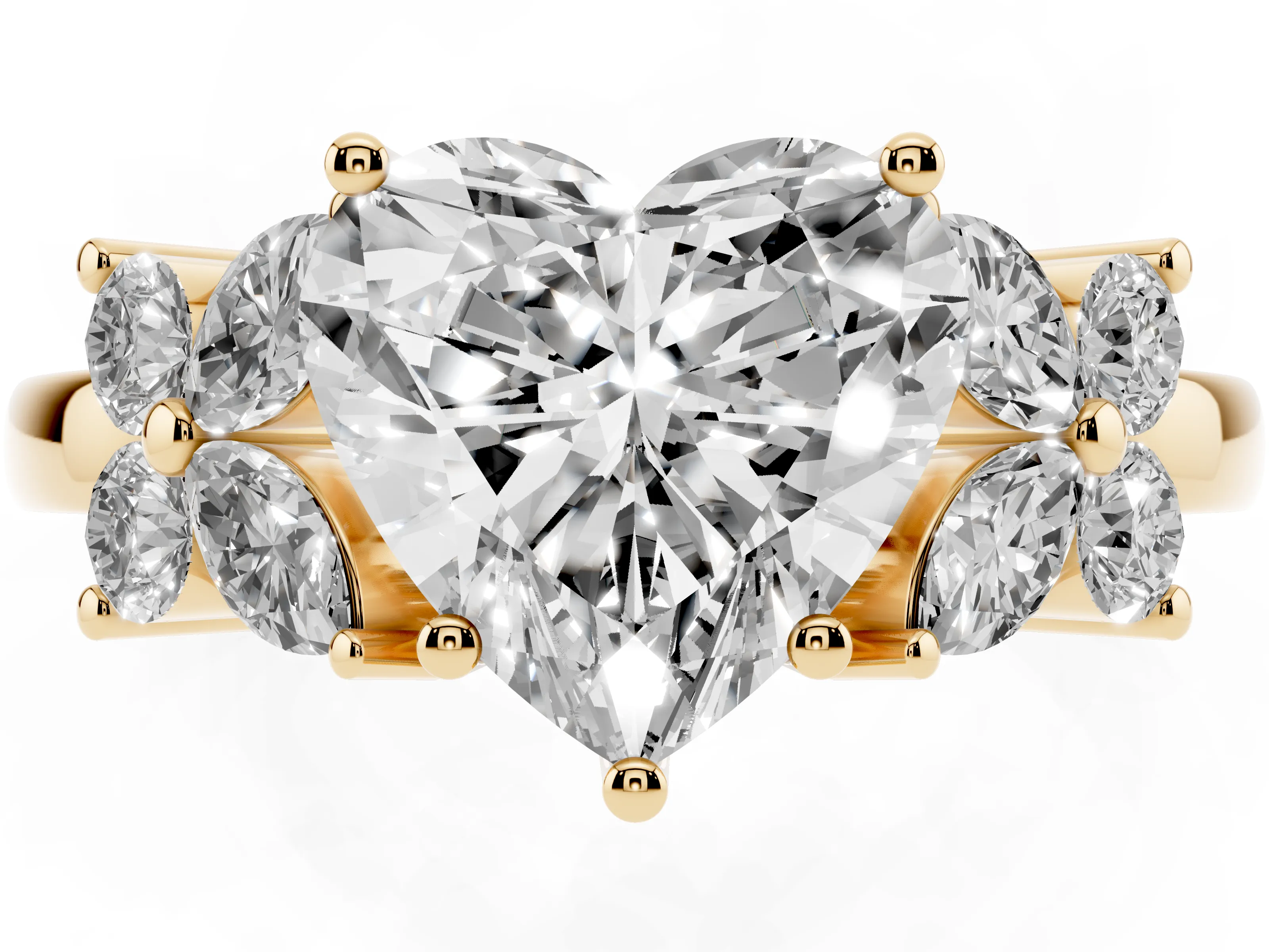Heart Cut Diamond Floral Cluster Ring Set in Yellow gold with Marquise Petals and Prong Setting