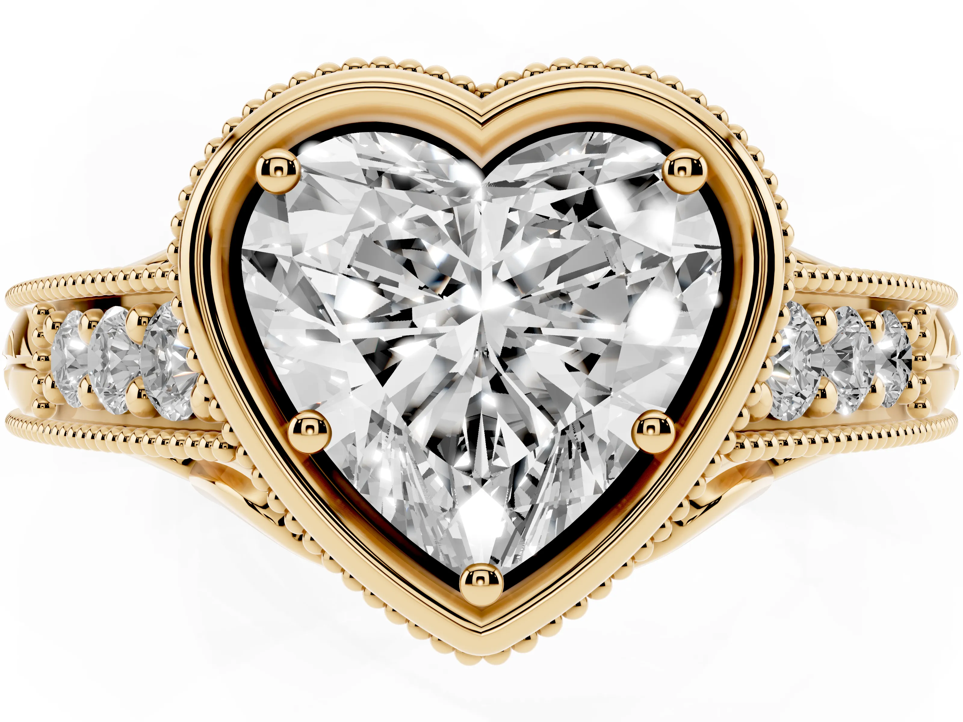 Bezel Set Heart Cut Diamond Milgrain Pavé Engagement Ring Set in Yellow gold