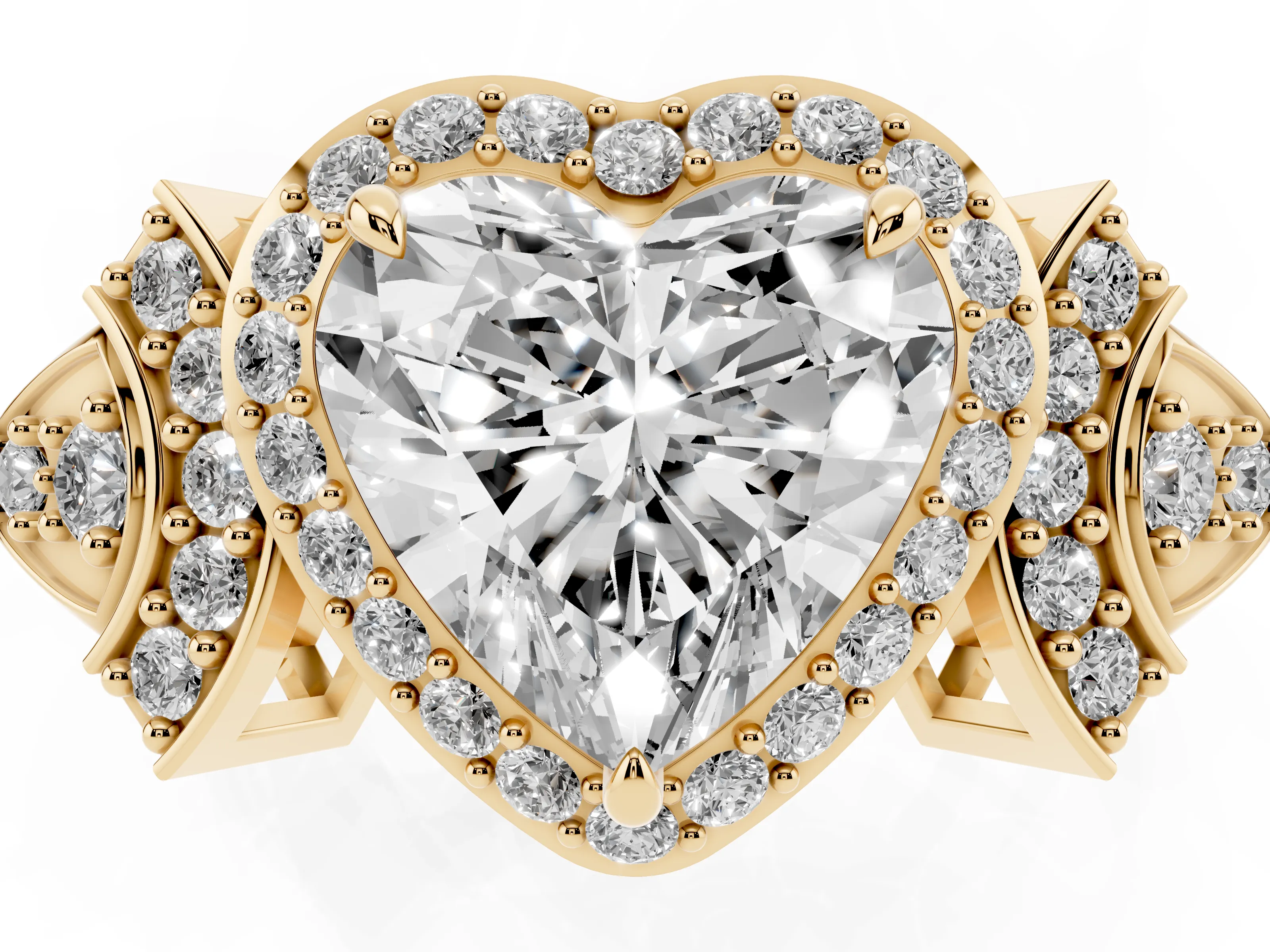 Heart Cut Diamond Halo Engagement Ring Set in Yellow gold with Accent Stone Split Shank