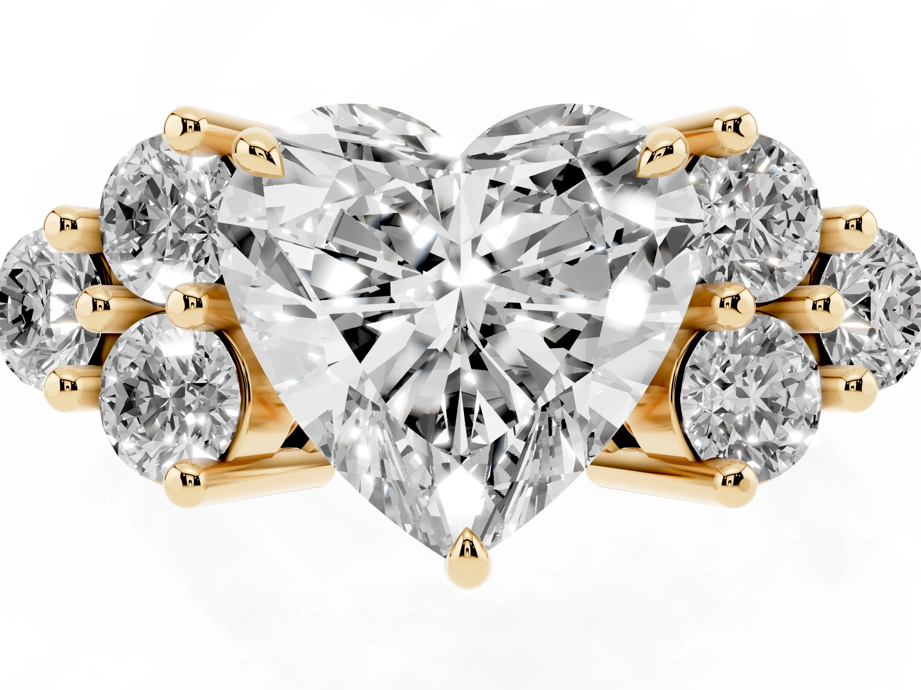 Heart Cut Diamond Solitaire Ring Set in Yellow gold with Cluster Accents on Each Side
