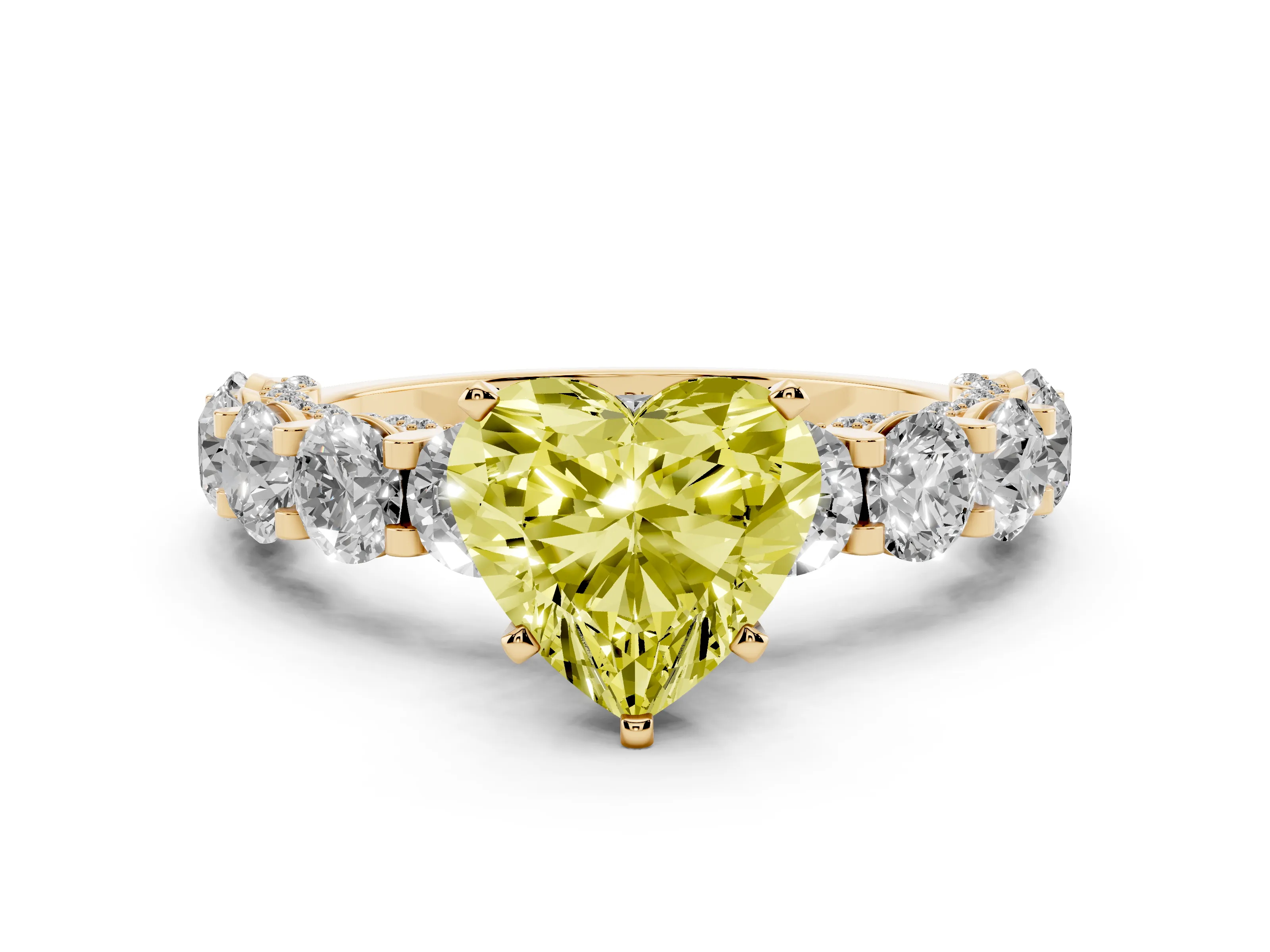 Fancy Yellow Heart Cut Diamond Side Stone Ring Set in Yellow gold with Alternating Round and Oval Side Stones