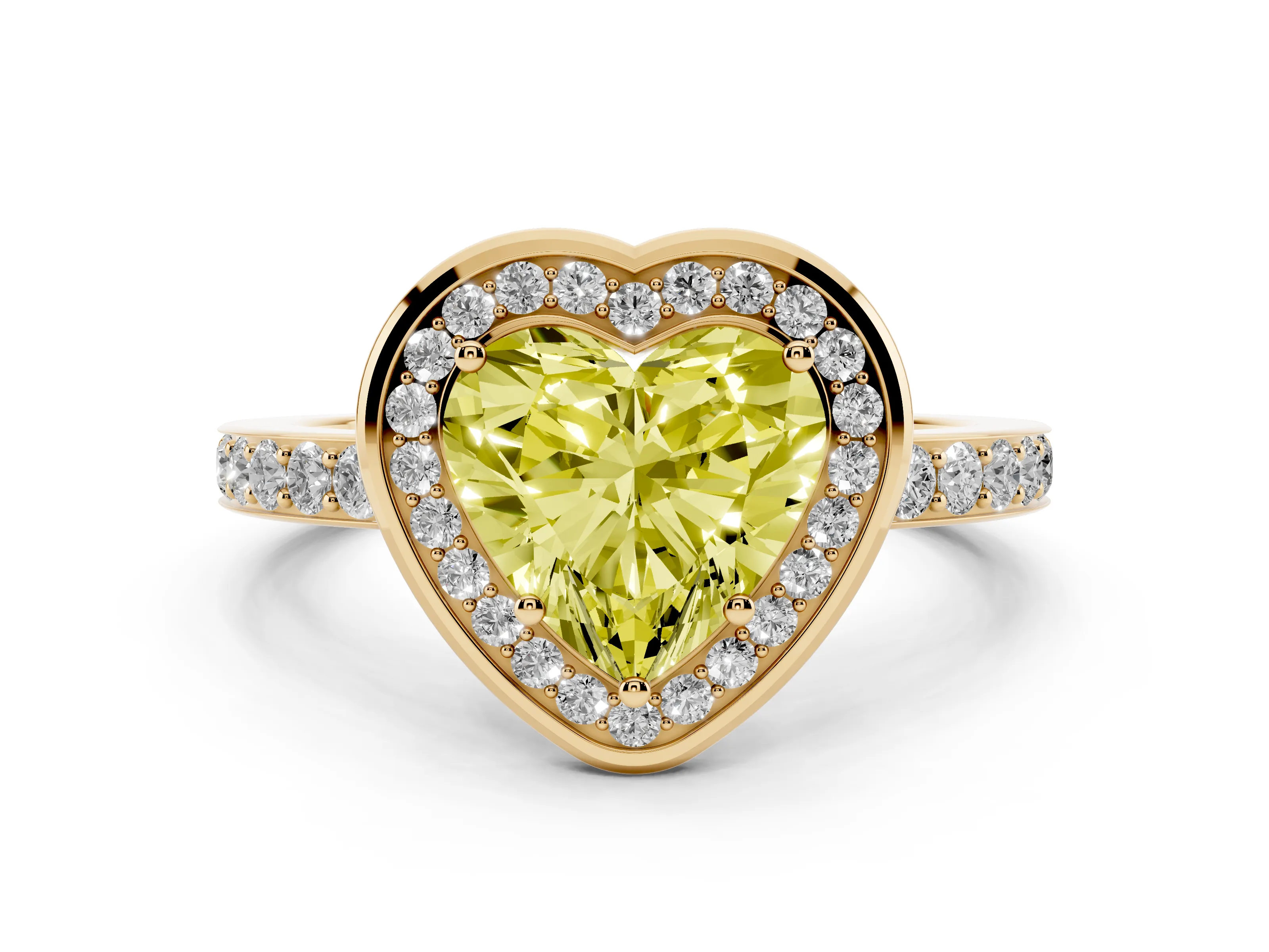Fancy Yellow Heart Cut Diamond Halo Ring Set in Yellow gold with Bezel Frame and Pavé Band