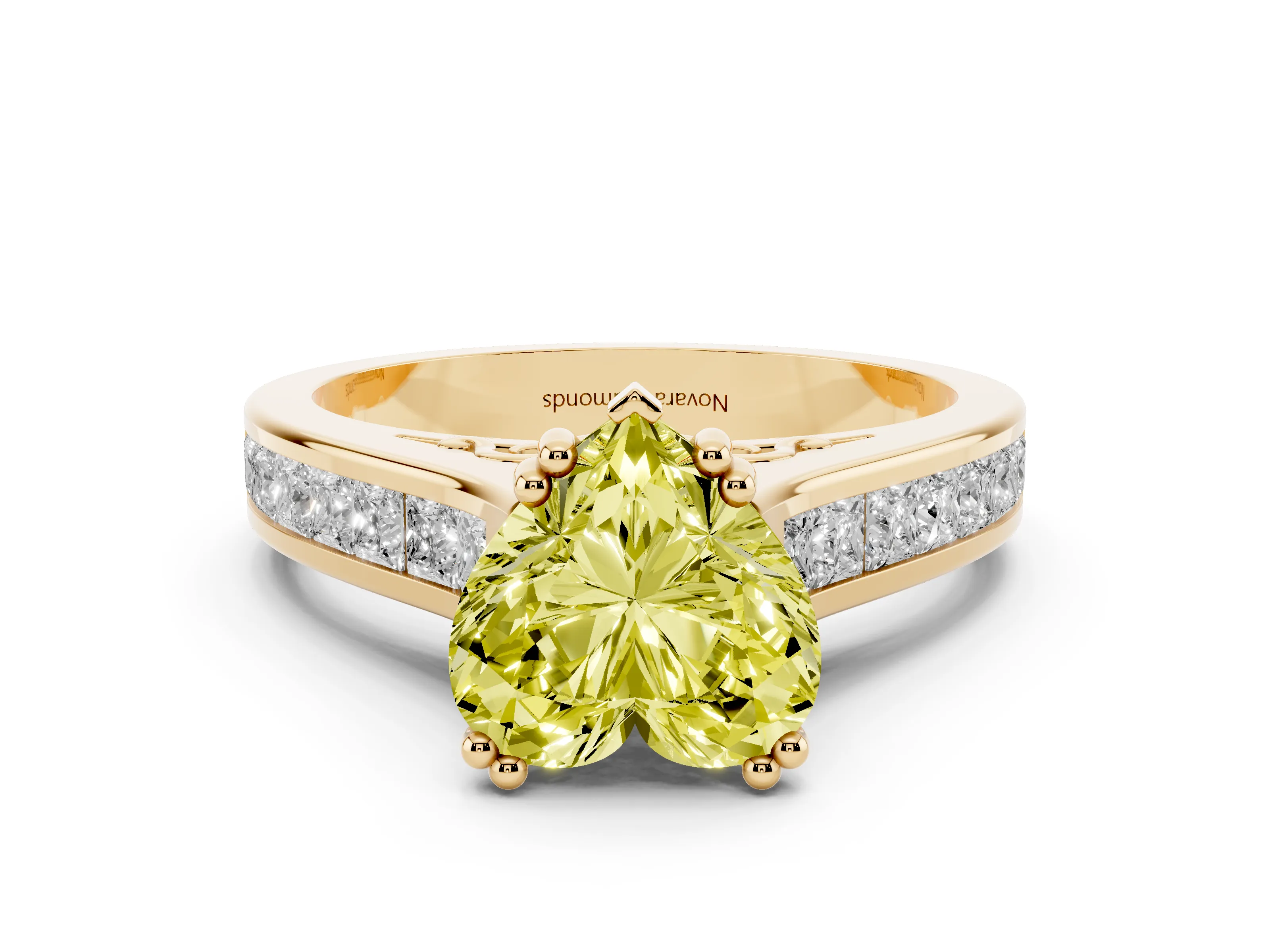 Fancy Yellow Heart Cut Diamond Channel Set Solitaire Engagement Ring Set in Yellow gold with Prong Setting