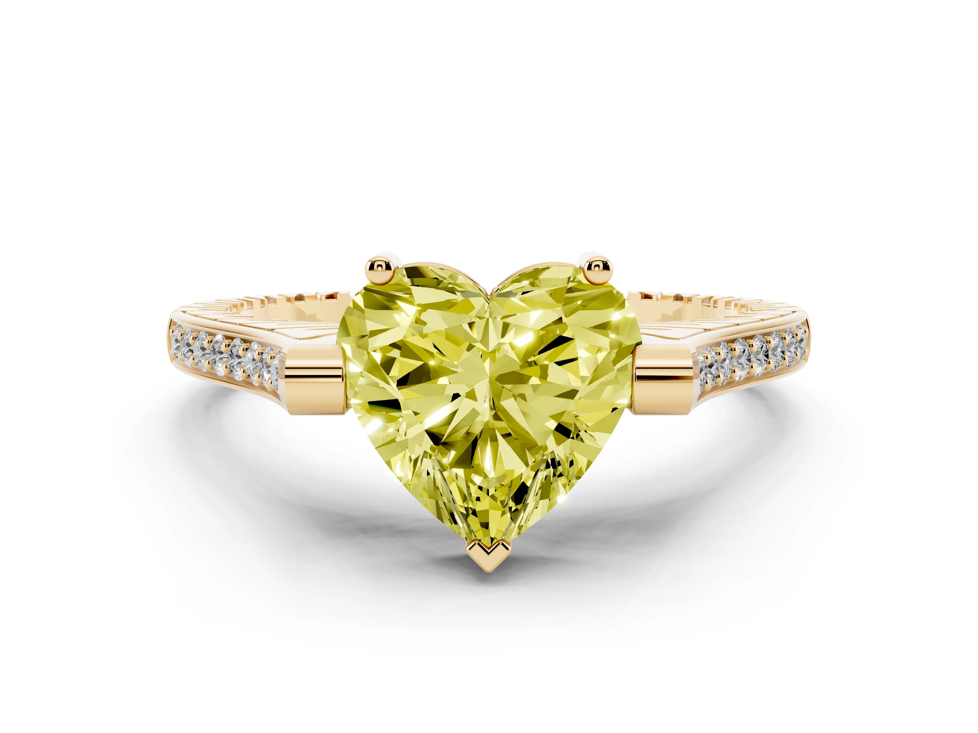 Fancy Yellow Heart Cut Diamond Solitaire Ring Set in Yellow gold with Channel Set Band and Bezel Prong Setting