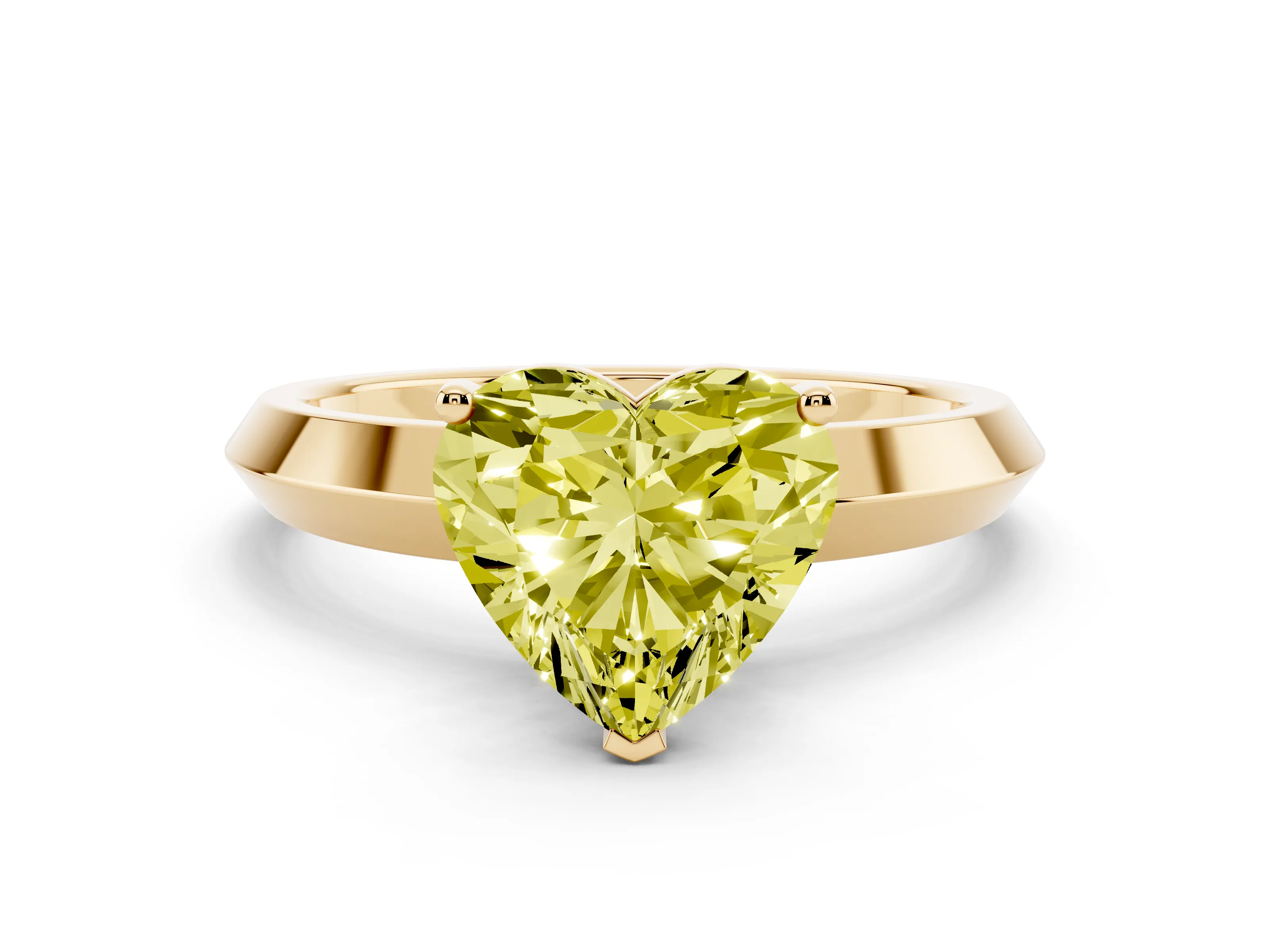 Fancy Yellow Heart Cut Diamond Solitaire Engagement Ring Set in Yellow gold with Flat Band and Prong Setting