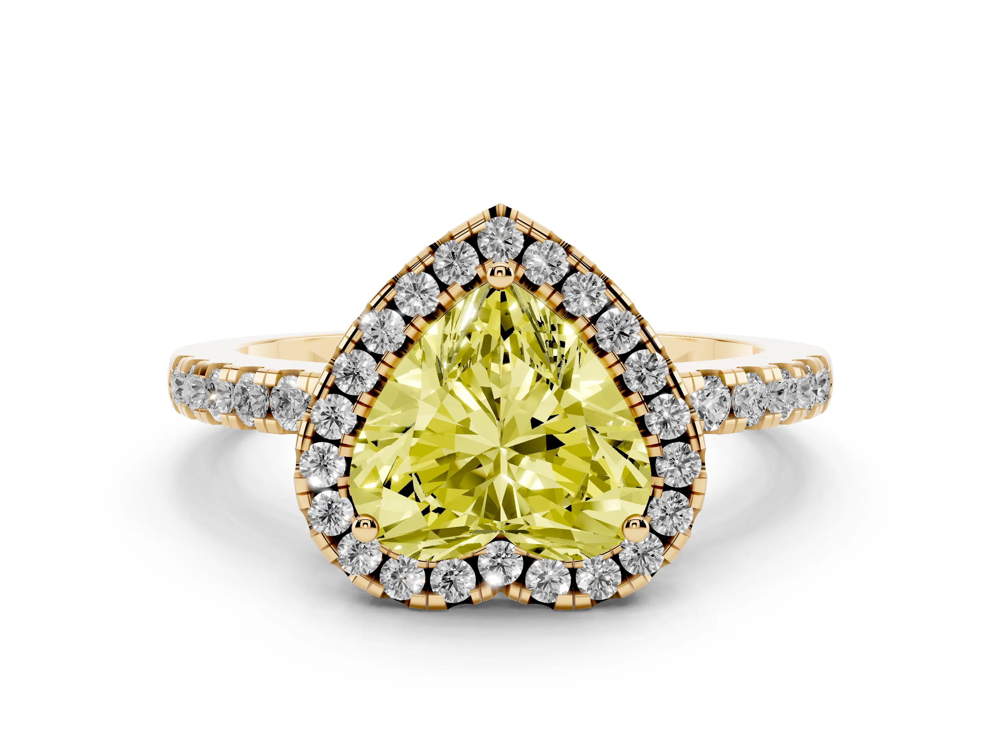 Fancy Yellow Heart Cut Diamond Pavé Band Halo Engagement Ring Set in Yellow gold with Prong Setting