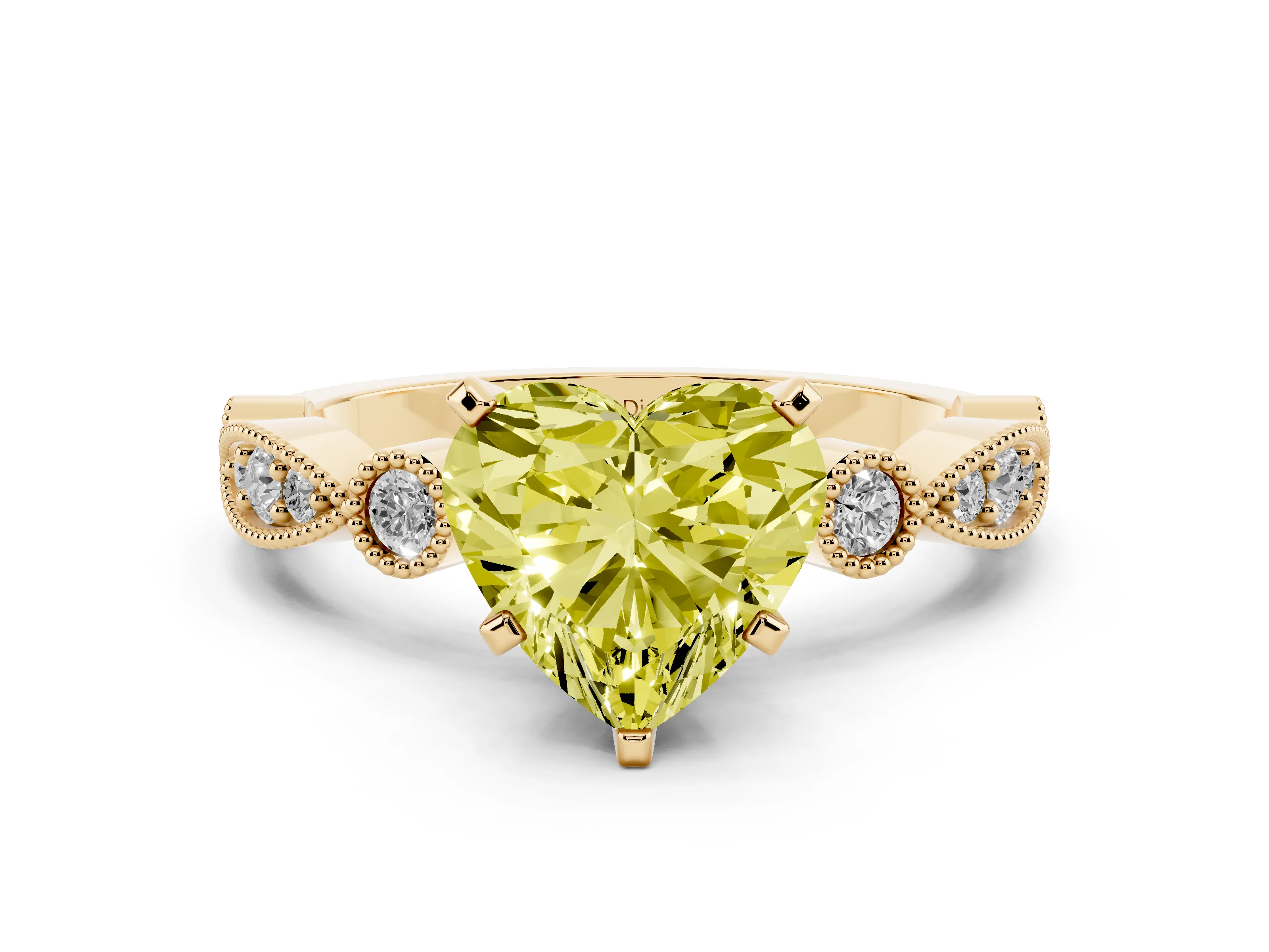 Fancy Yellow Heart Cut Diamond Solitaire Engagement Ring Set in Yellow gold with Milgrain Bezel Accent Band
