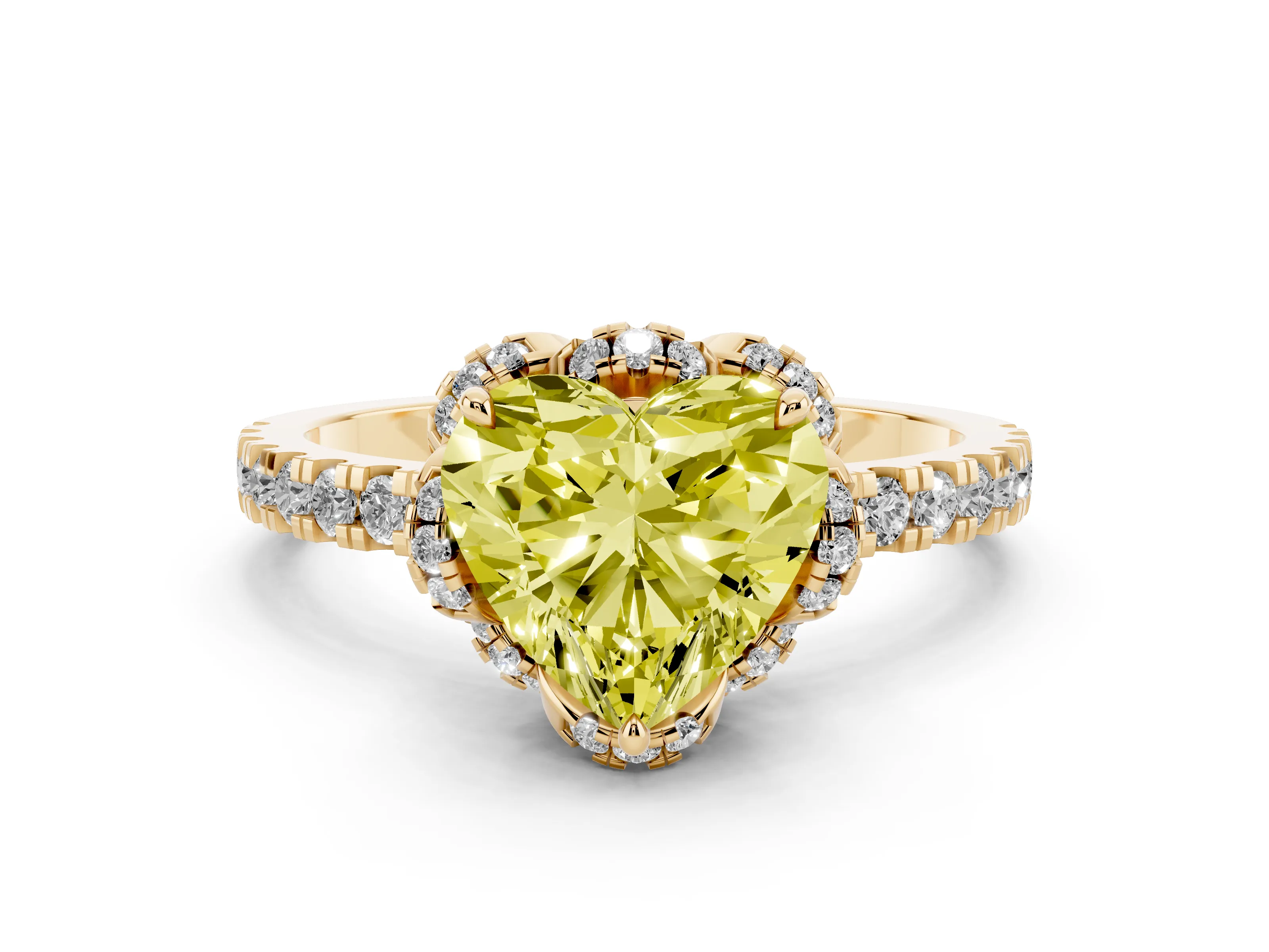 Fancy Yellow Heart Cut Diamond Halo Pavé Band Ring Set in Yellow gold with Prong-Held Center