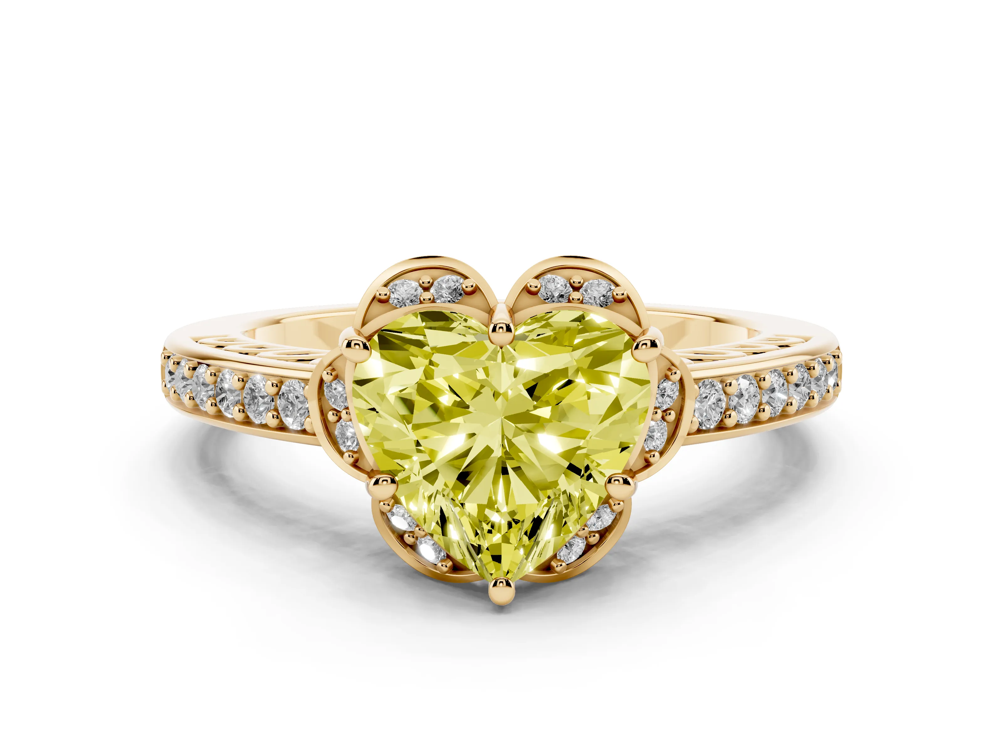 Fancy Yellow Heart Cut Diamond Halo Ring Set in Yellow gold with Channel Set Band and Prong Setting