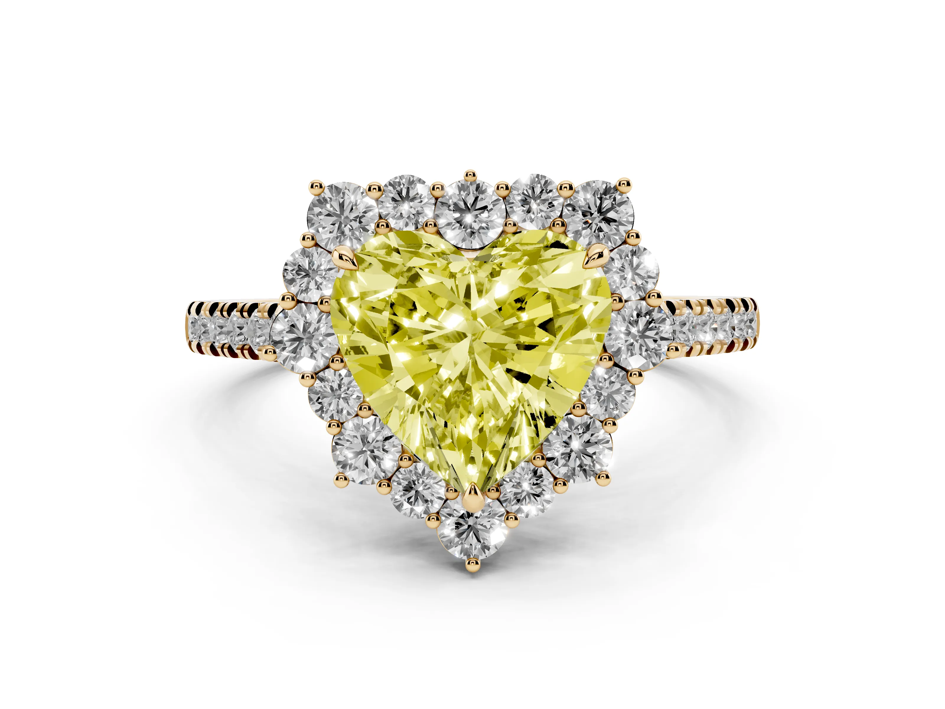 Fancy Yellow Heart Cut Diamond Halo Ring Set in Yellow gold with Pavé Band and Prong Setting