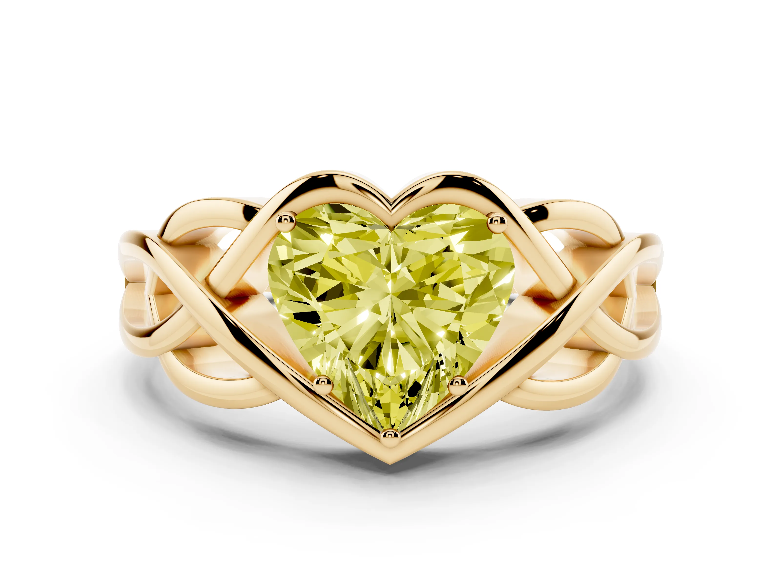 Fancy Yellow Heart Cut Diamond Solitaire Ring Set in Yellow gold with Intertwined Band