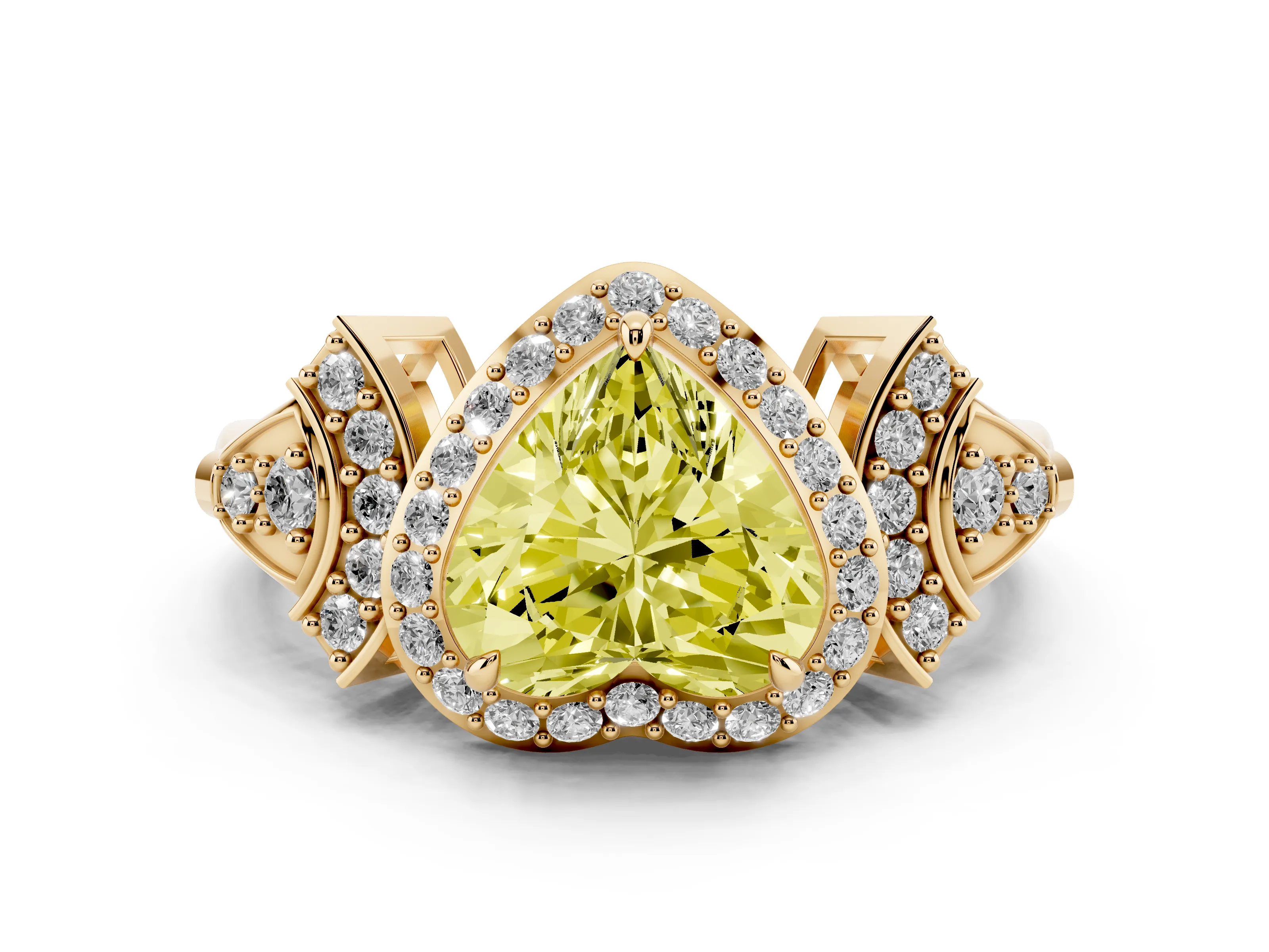 Fancy Yellow Heart Cut Diamond Halo Engagement Ring Set in Yellow gold with Accent Stone Split Shank