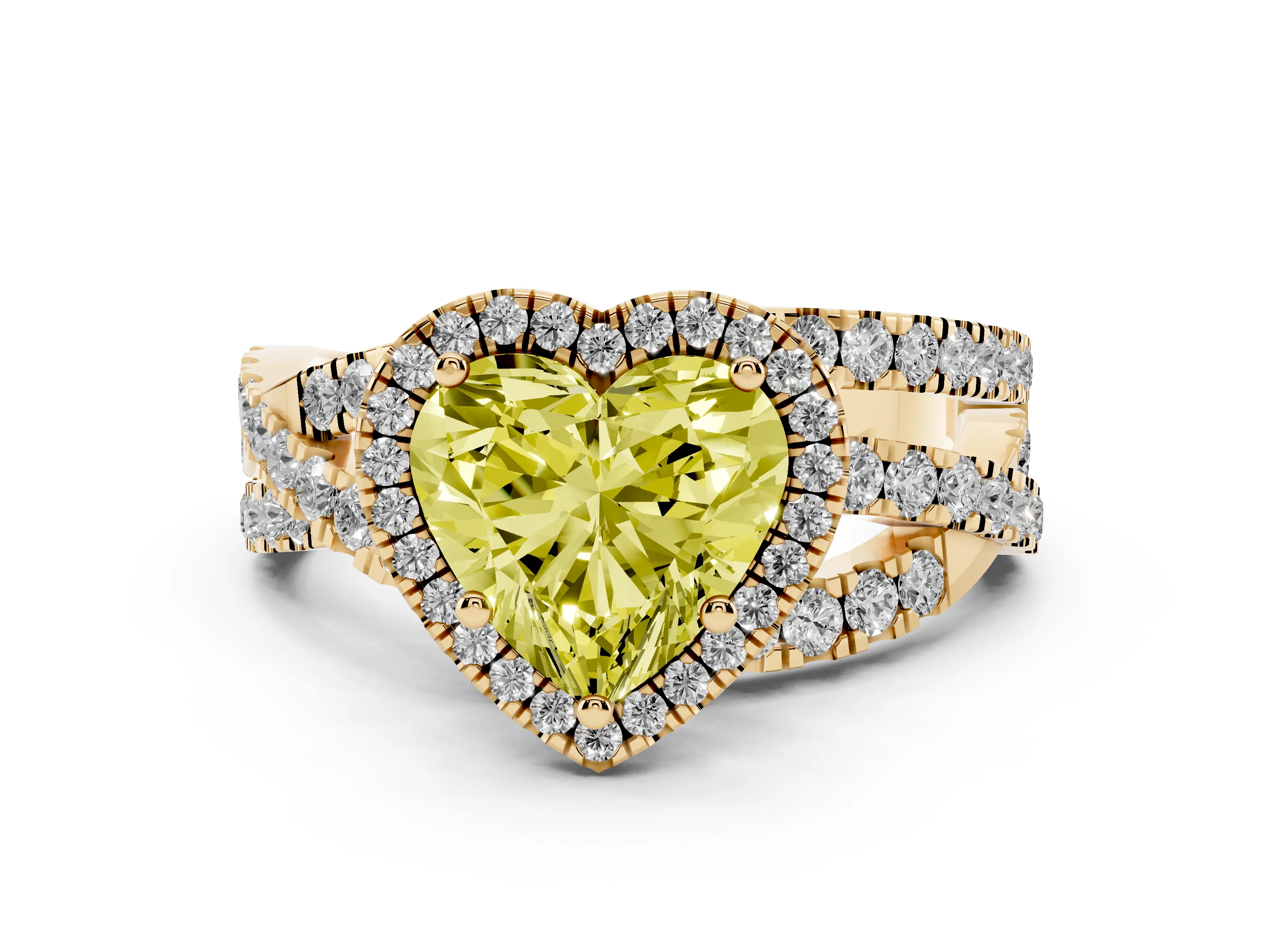 Fancy Yellow Heart Cut Diamond Halo Ring Set in Yellow gold with Round Crossover Split Shank and Prong Setting