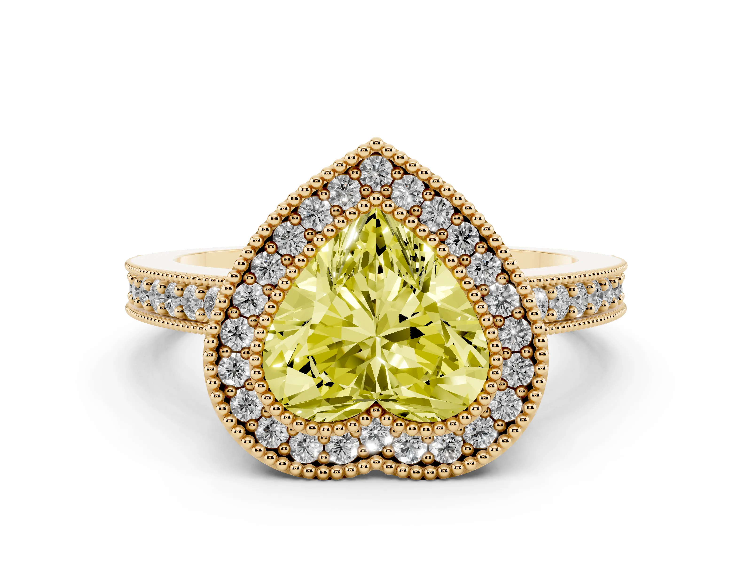 Fancy Yellow Heart Cut Diamond Halo Engagement Ring Set in Yellow gold with Pavé Band and Round Halo Stones