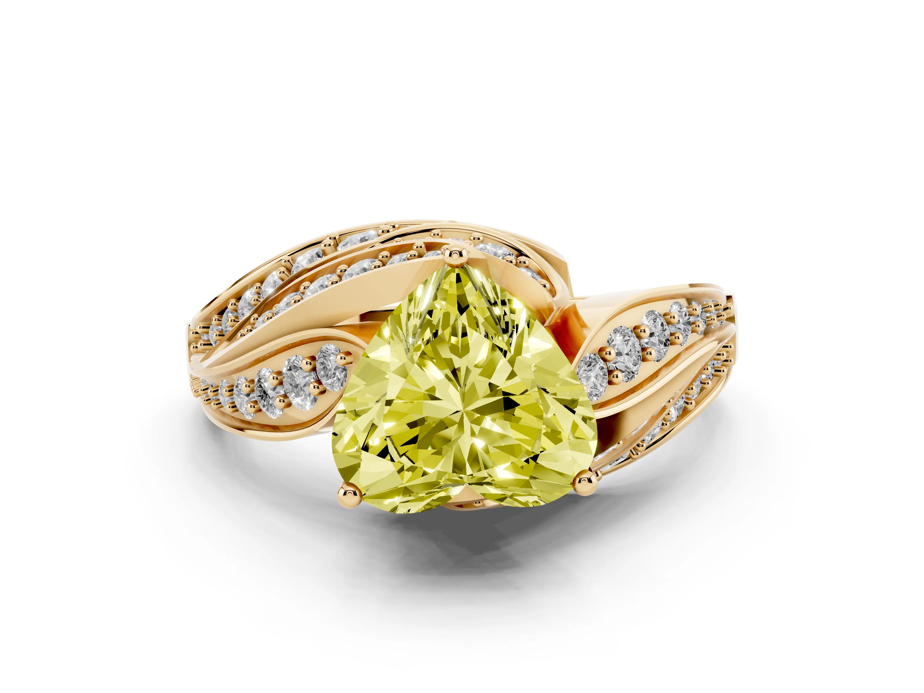 Fancy Yellow Heart Cut Diamond Solitaire Ring Set in Yellow gold with Layered Twist Pavé Band