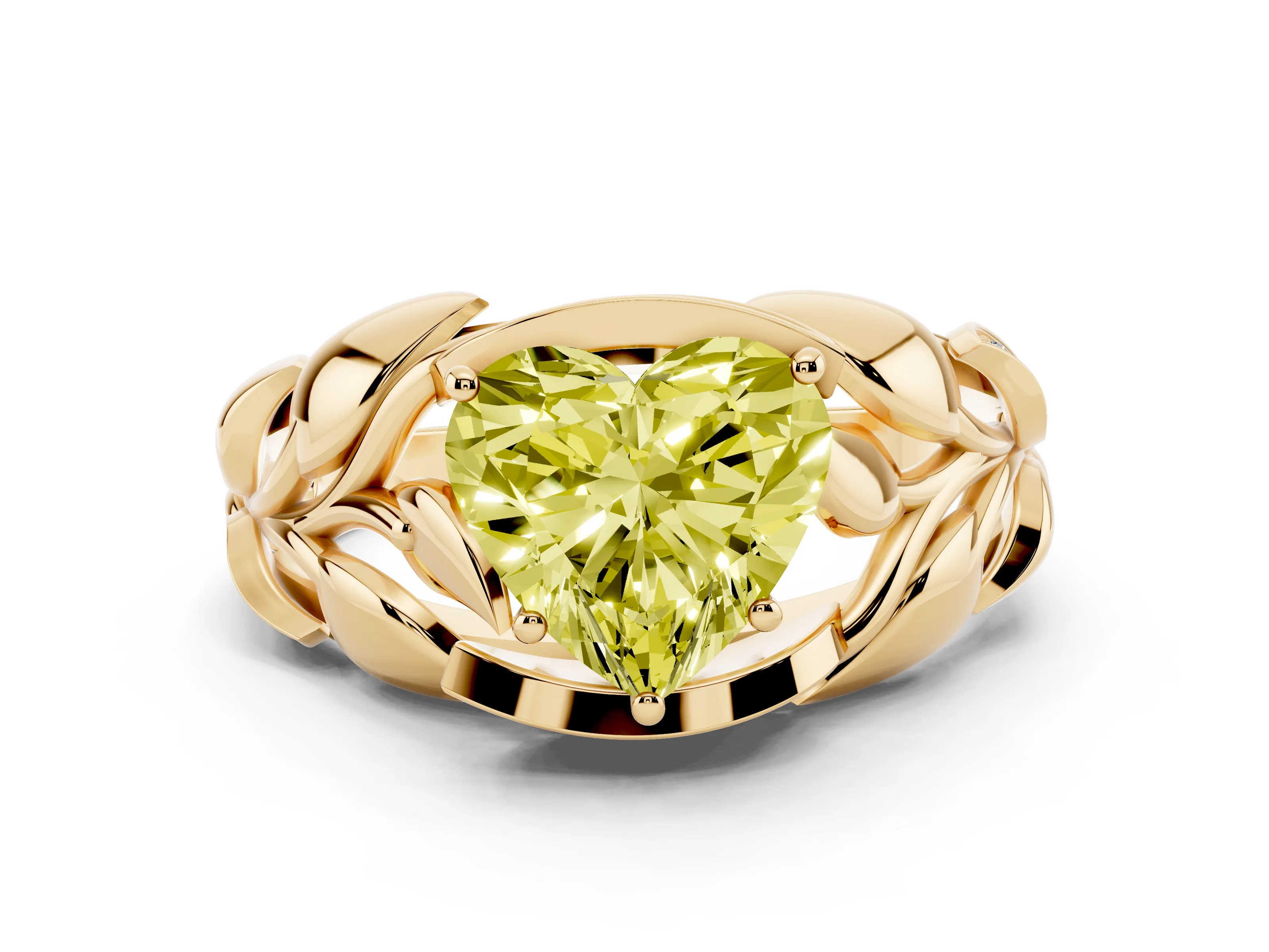 Fancy Yellow Heart Cut Diamond Leaf-Inspired Engagement Ring Set in Yellow gold with Round Accents