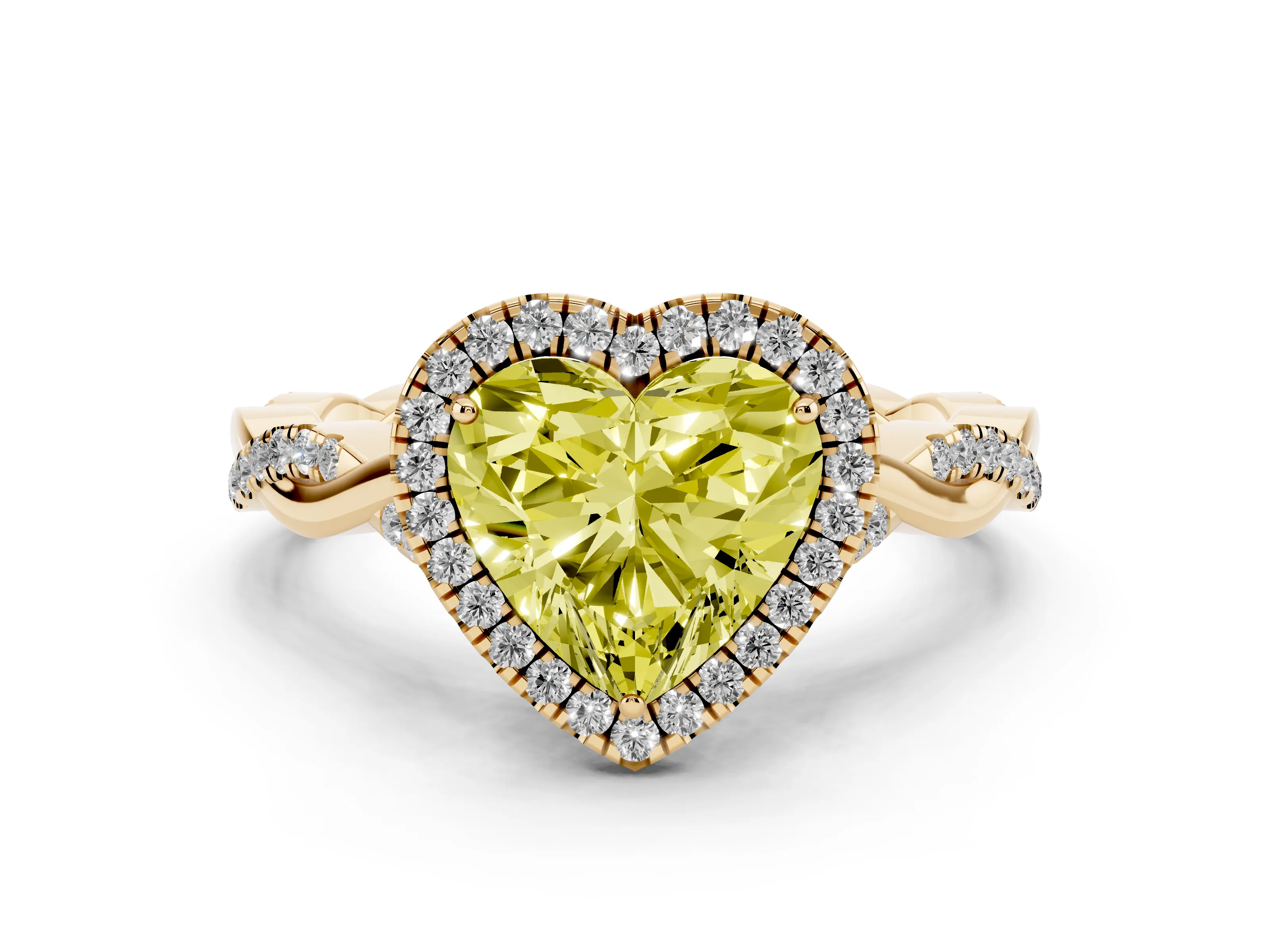 Fancy Yellow Heart Cut Diamond Halo Twist Band Solitaire Ring Set in Yellow gold with Prong Setting