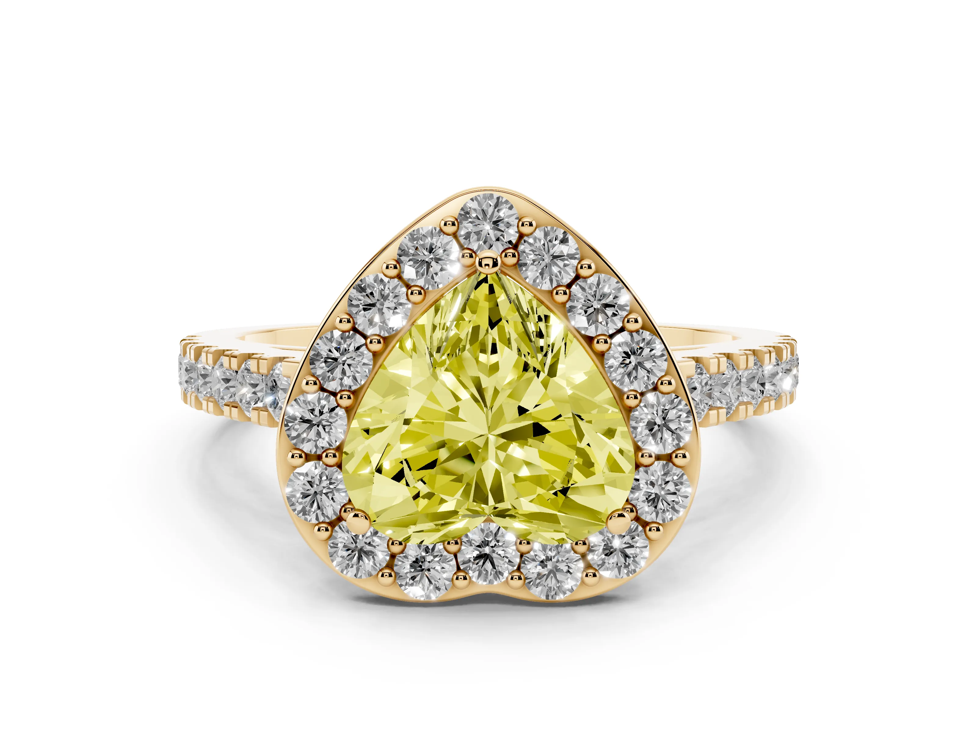 Fancy Yellow Heart Cut Diamond Halo Ring Set in Yellow gold with Round Pavé Split Shank and Prong Setting