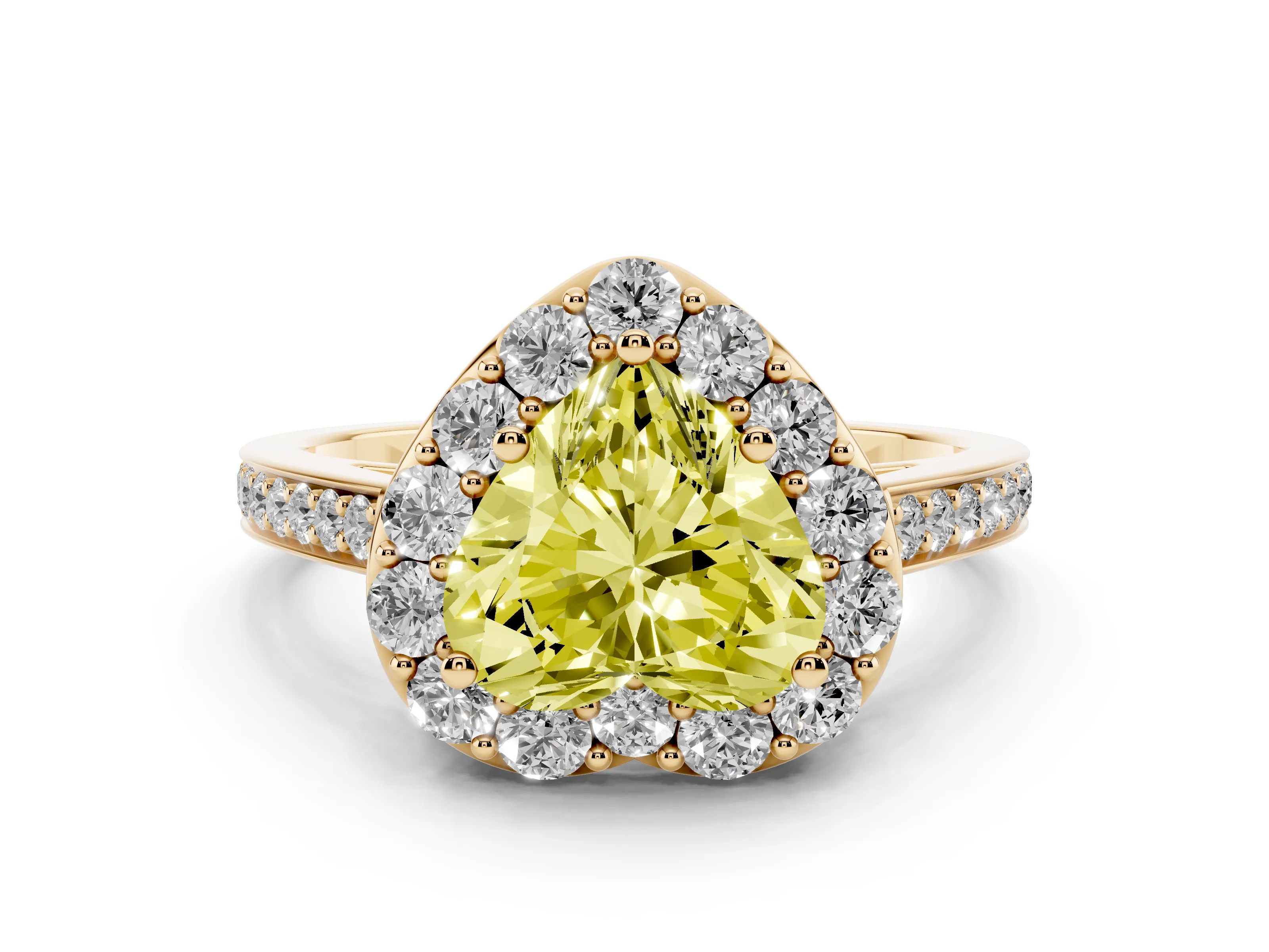 Fancy Yellow Heart Cut Diamond Floral Halo Ring Set in Yellow gold with Pavé Band and Prong Setting