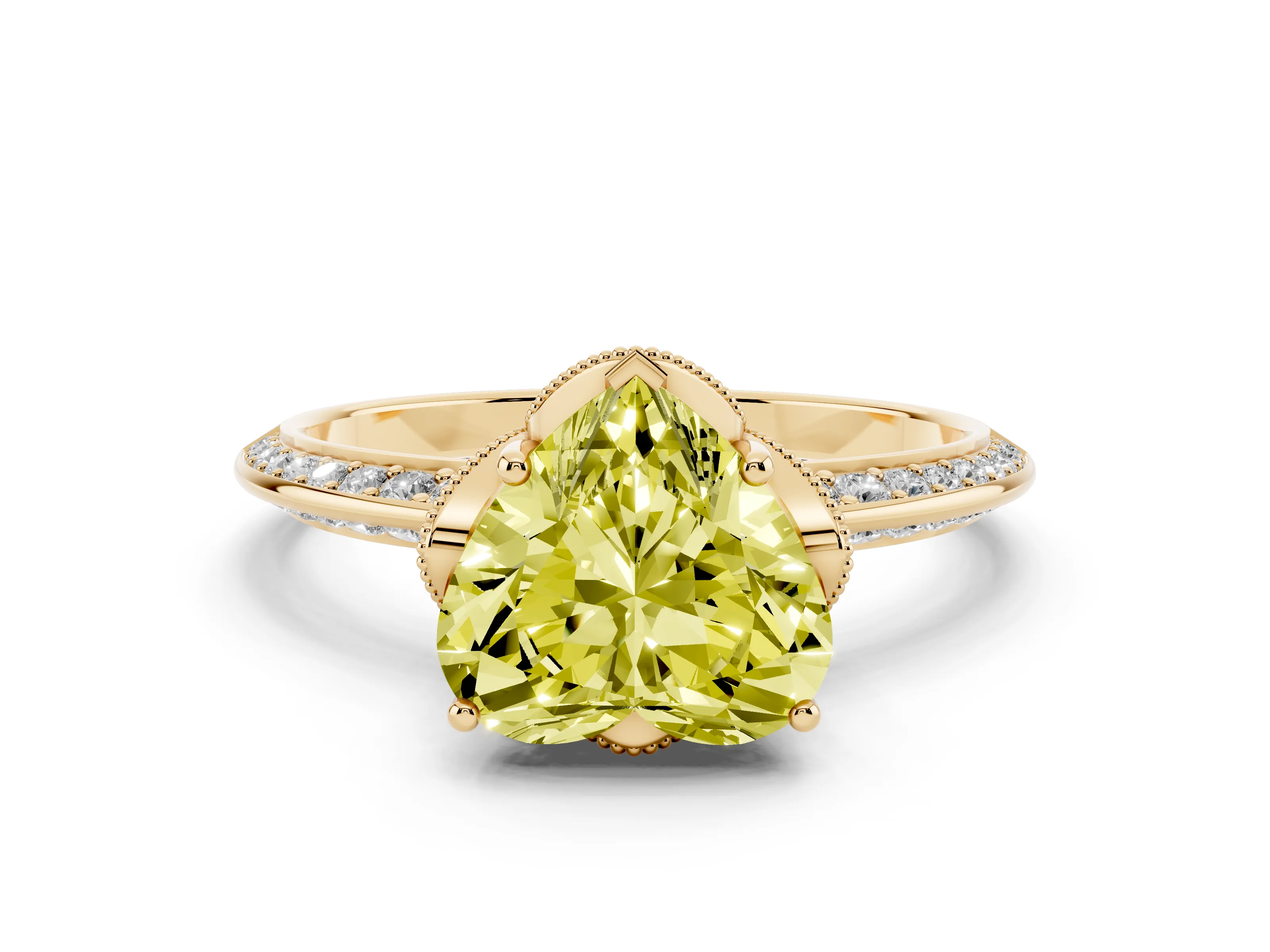 Fancy Yellow Heart Cut Diamond Solitaire Engagement Ring Set in Yellow gold with Pavé Split Shank and Prong Setting