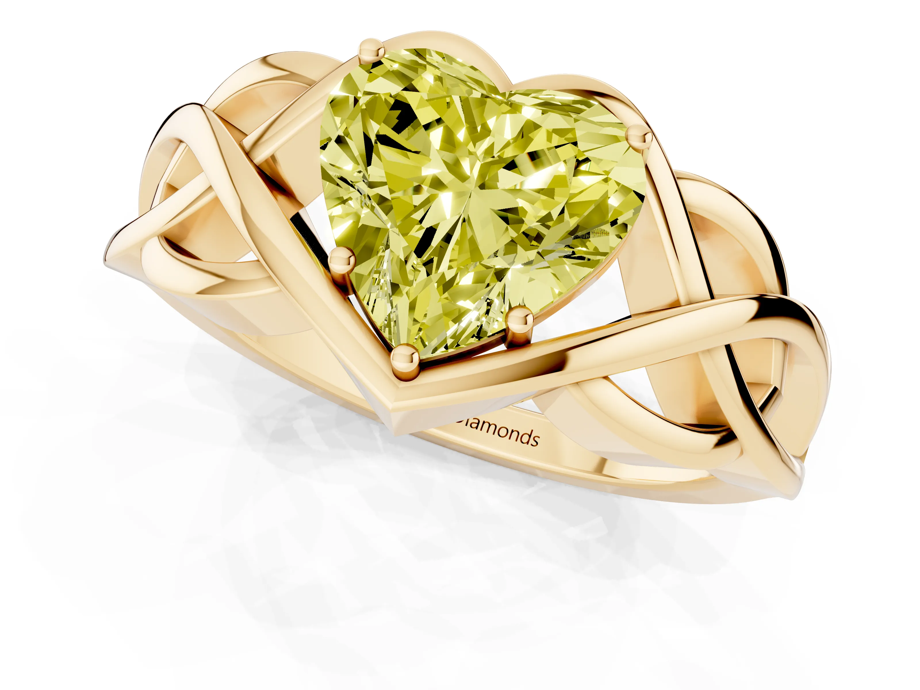 Fancy Yellow Heart Cut Diamond Solitaire Ring Set in Yellow gold with Intertwined Band